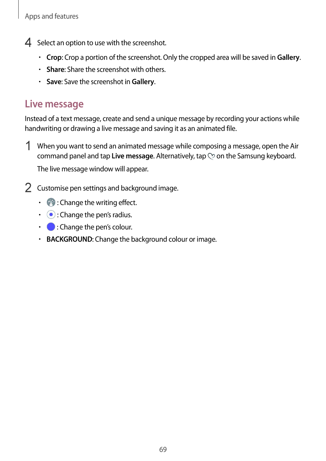 Samsung SM-N950FZKDSER, SM-N950FZDADBT, SM-N950FZKADBT manual Live message, Select an option to use with the screenshot 