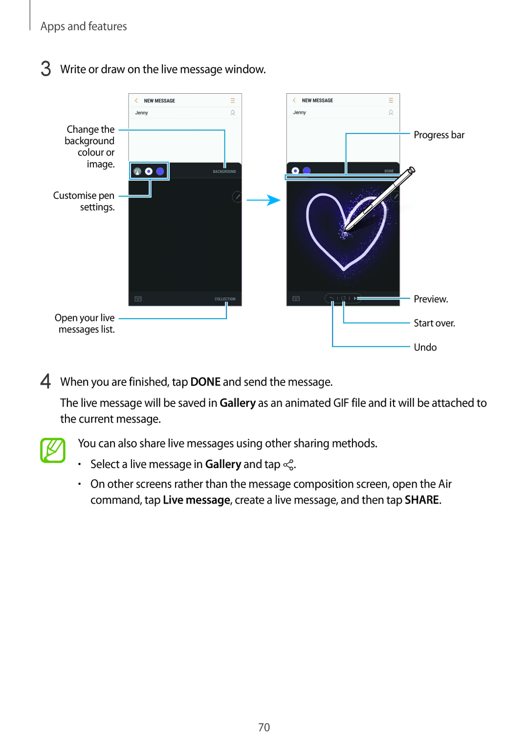 Samsung SM-N950FZBDSER, SM-N950FZDADBT, SM-N950FZKADBT, SM-N950FZBDDBT manual Write or draw on the live message window 