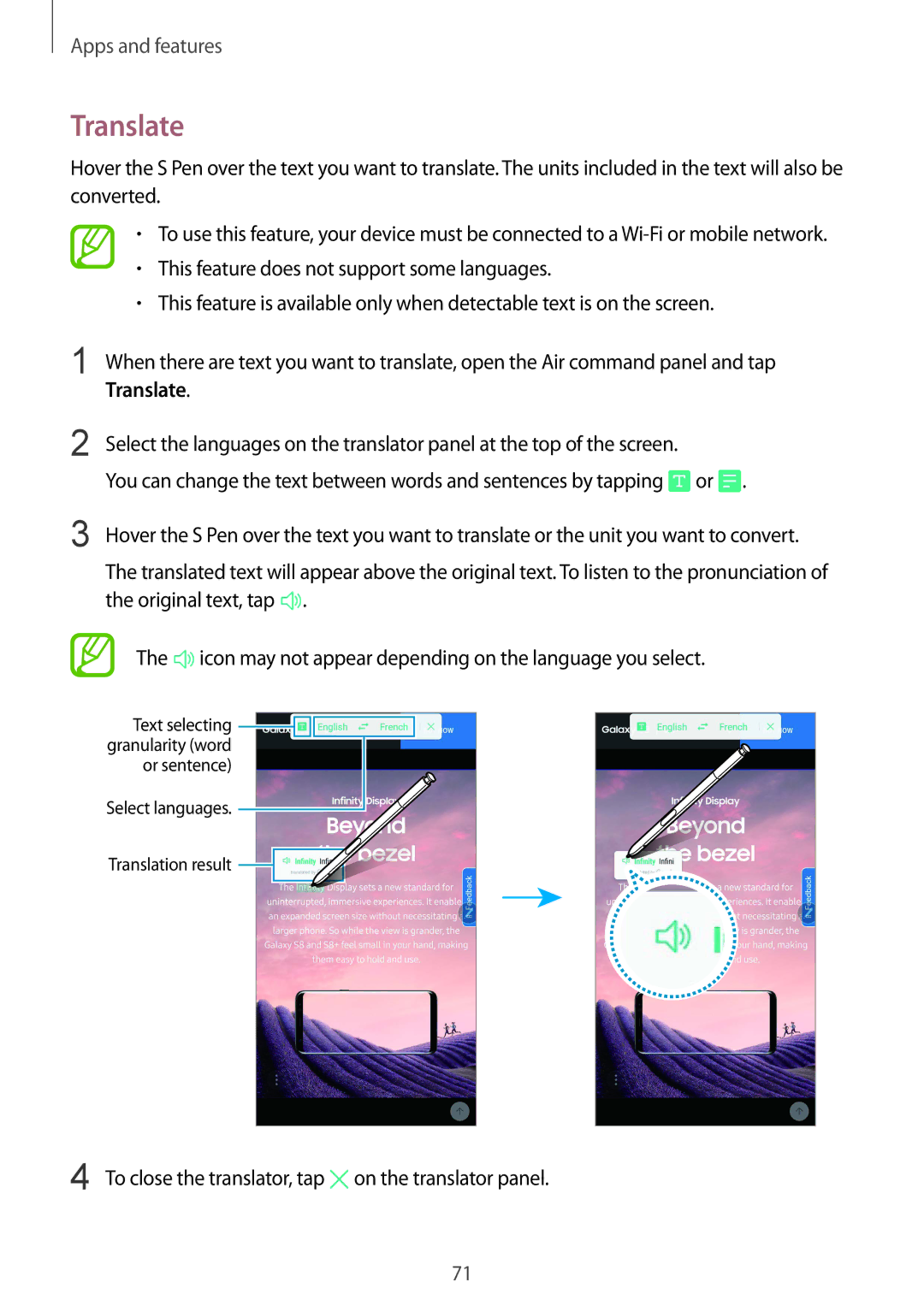 Samsung SM-N950FZDADBT, SM-N950FZKADBT, SM-N950FZBDDBT manual Translate, To close the translator, tap on the translator panel 