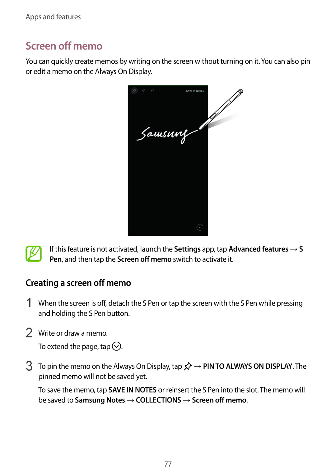 Samsung SM-N950FZBAXEF, SM-N950FZDADBT, SM-N950FZKADBT, SM-N950FZBDDBT manual Screen off memo, Creating a screen off memo 