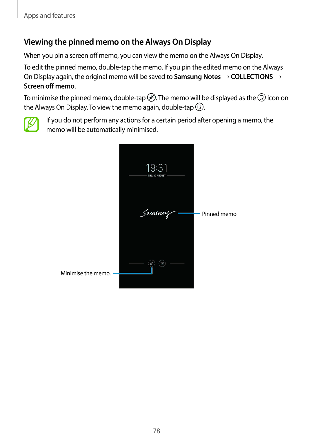 Samsung SM-N950FZDAXEF, SM-N950FZDADBT, SM-N950FZKADBT, SM-N950FZBDDBT manual Viewing the pinned memo on the Always On Display 