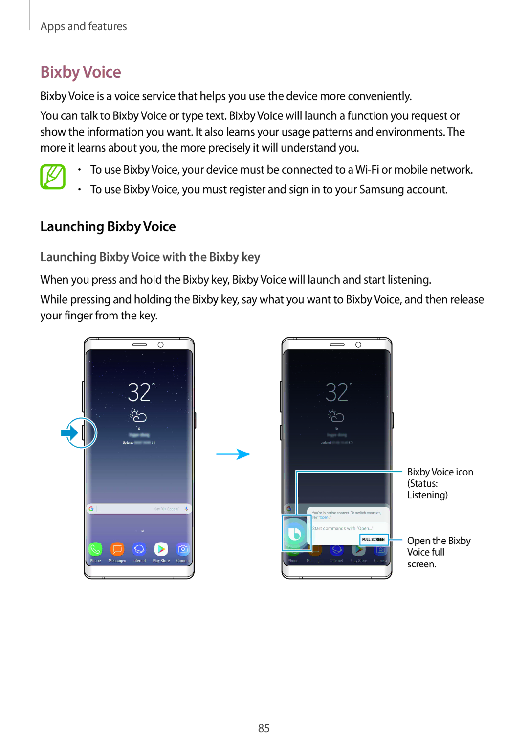 Samsung SM-N950FZDAOMN, SM-N950FZDADBT, SM-N950FZKADBT, SM-N950FZBDDBT manual Launching Bixby Voice with the Bixby key 