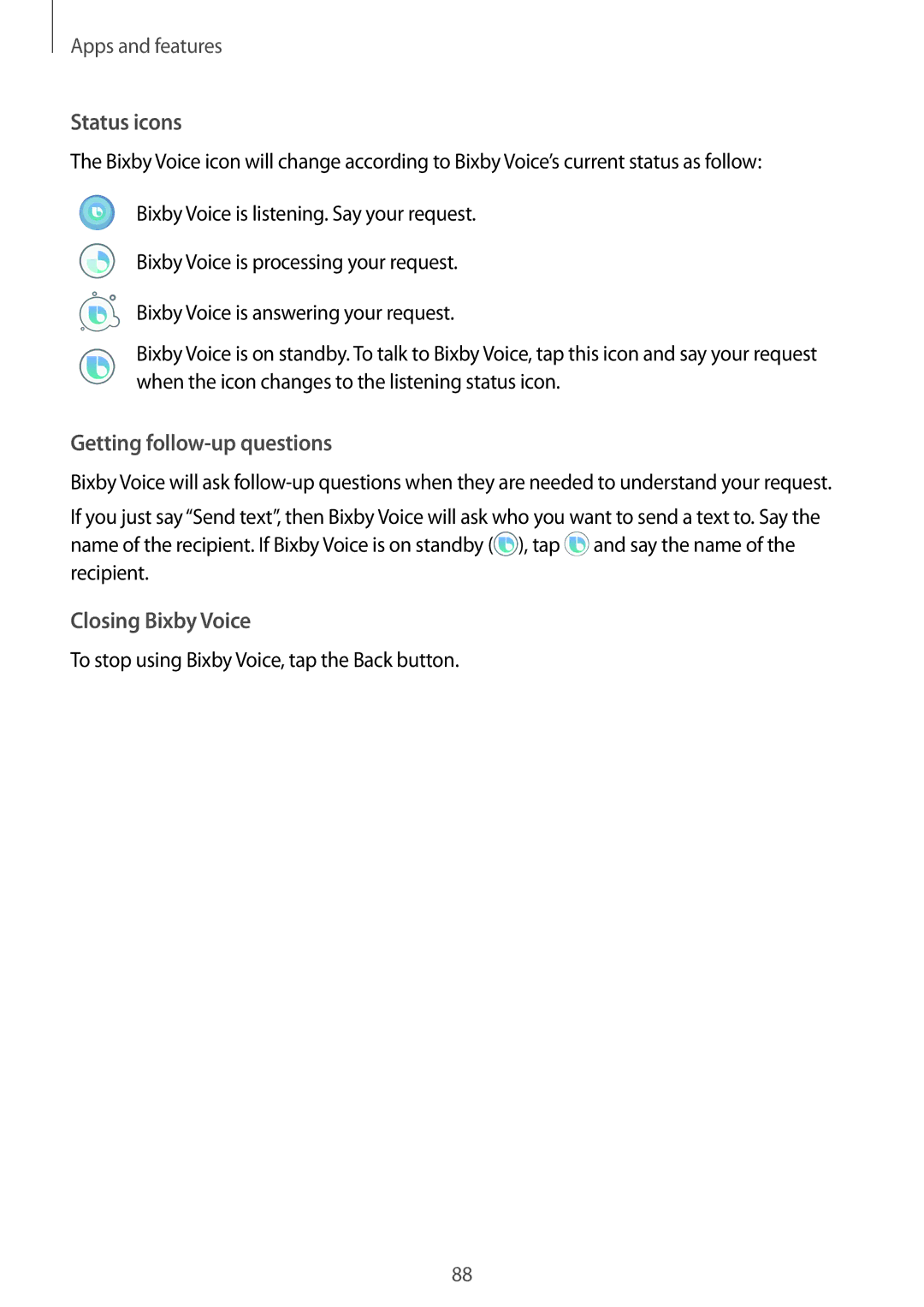 Samsung SM-N950FZDATIM, SM-N950FZDADBT, SM-N950FZKADBT manual Status icons, Getting follow-up questions, Closing Bixby Voice 