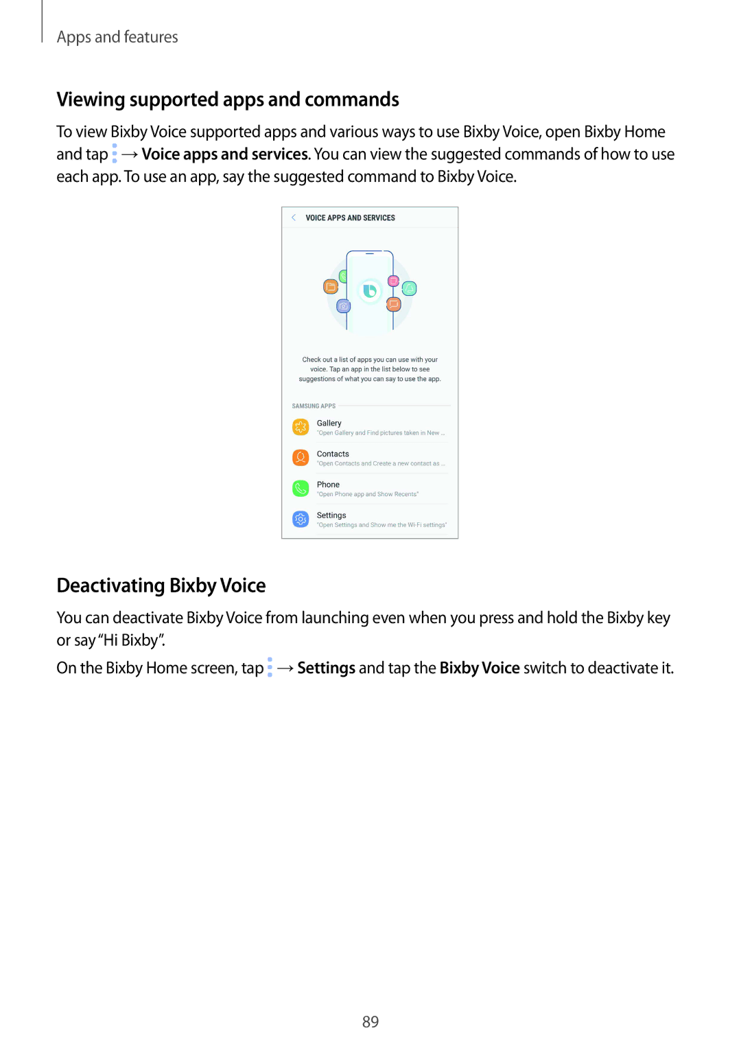 Samsung SM-N950FZDAHUI, SM-N950FZDADBT, SM-N950FZKADBT manual Viewing supported apps and commands, Deactivating Bixby Voice 