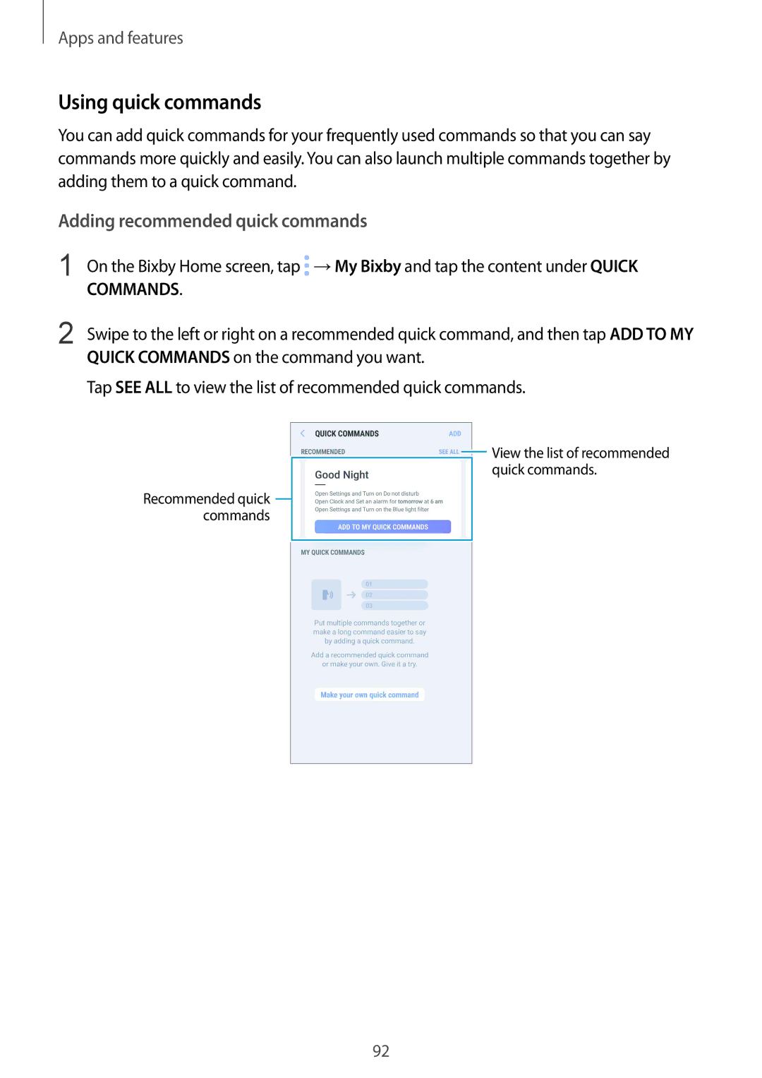 Samsung SM-N950FZKAOMN, SM-N950FZDADBT, SM-N950FZKADBT manual Using quick commands, Adding recommended quick commands 