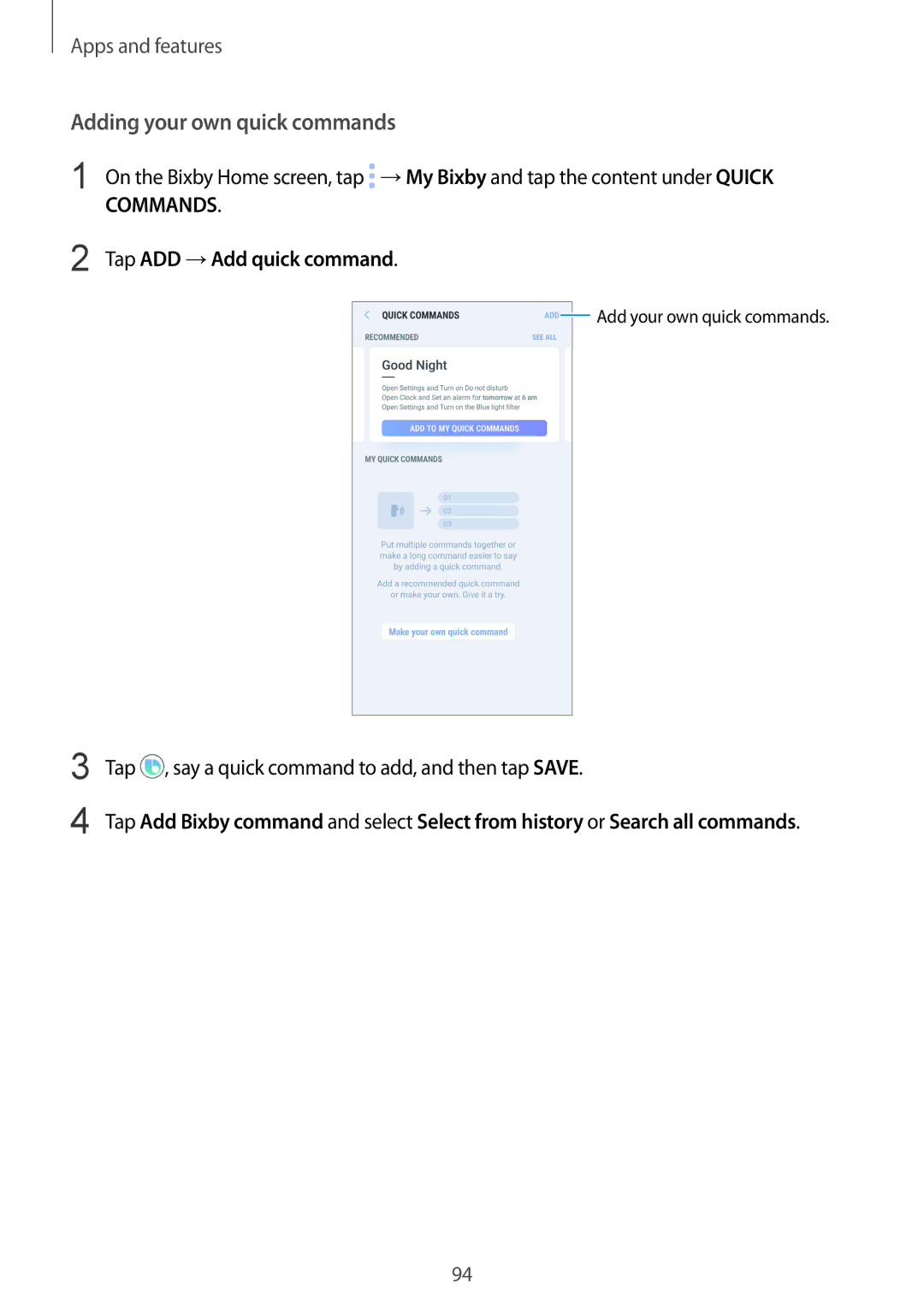 Samsung SM-N950FZKAITV, SM-N950FZDADBT, SM-N950FZKADBT manual Adding your own quick commands, Tap ADD →Add quick command 