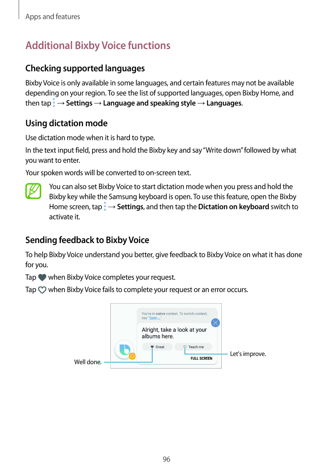 Samsung SM-N950FZDDPHE manual Additional Bixby Voice functions, Checking supported languages, Using dictation mode 