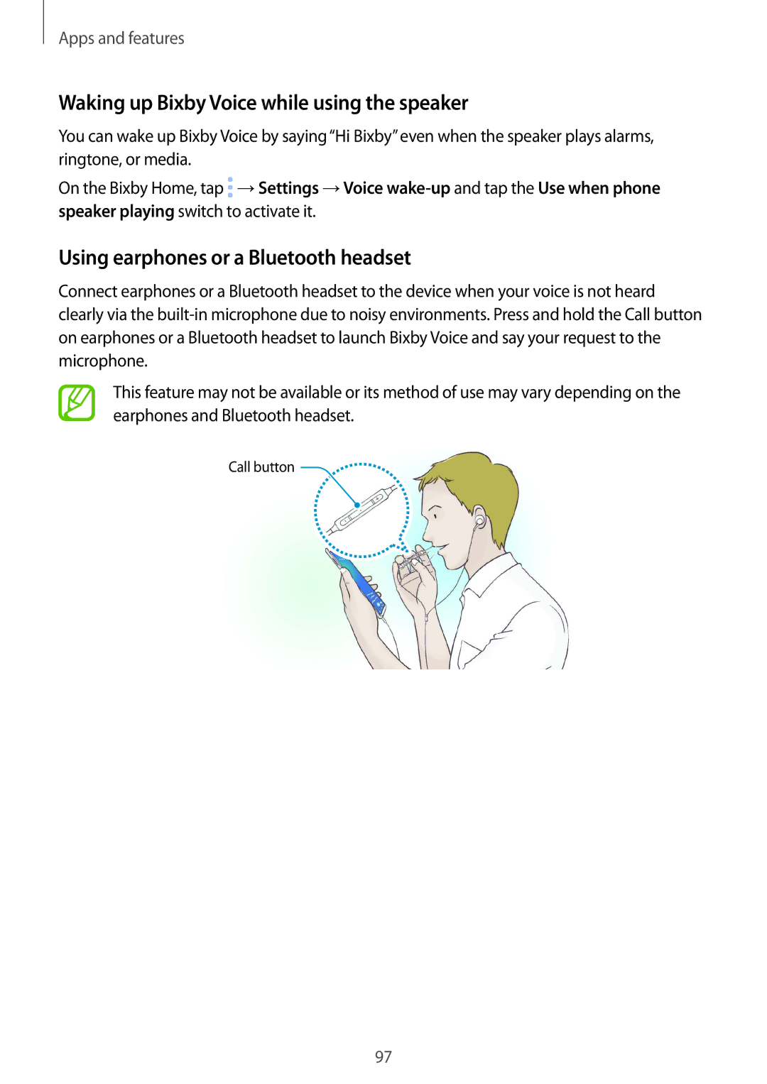 Samsung SM-N950FZKAPHE manual Waking up Bixby Voice while using the speaker, Using earphones or a Bluetooth headset 