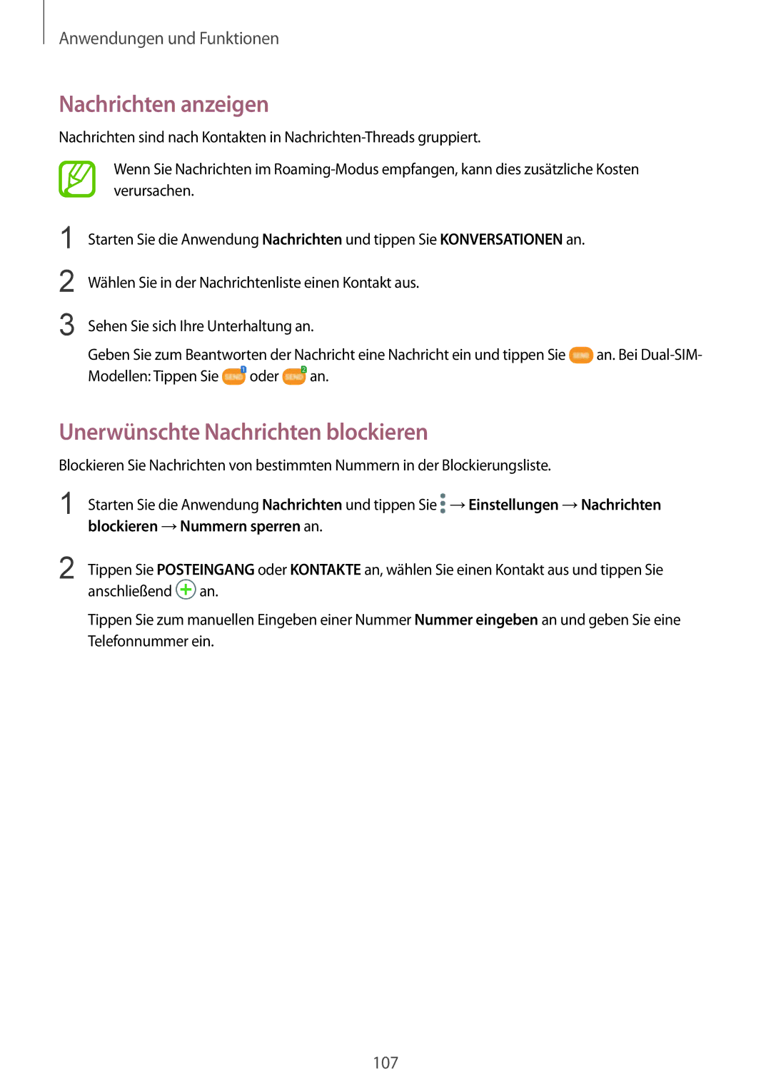 Samsung SM-N950FZBADBT, SM-N950FZDADBT, SM-N950FZKADBT manual Nachrichten anzeigen, Unerwünschte Nachrichten blockieren 