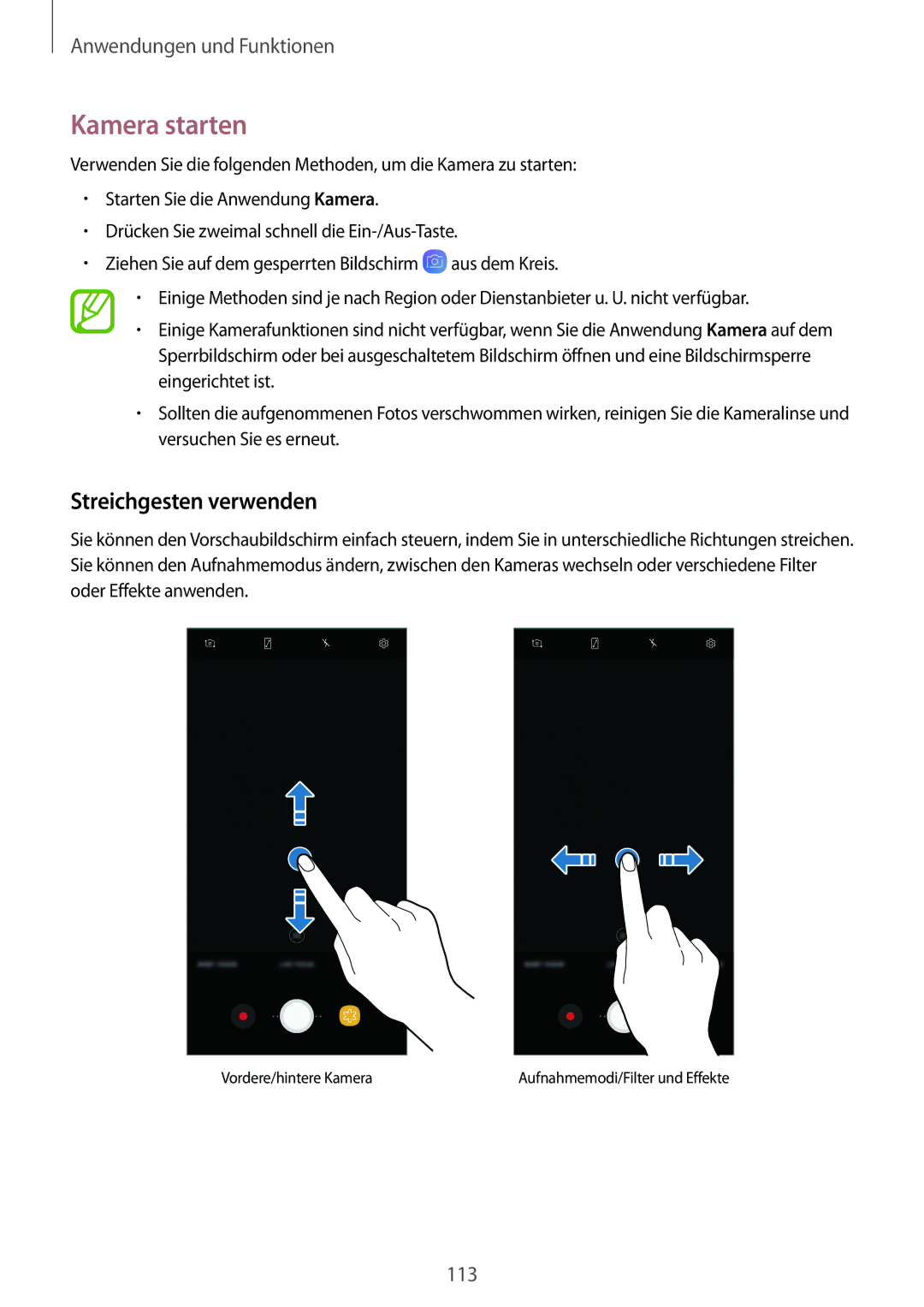 Samsung SM-N950FZBADBT, SM-N950FZDADBT, SM-N950FZKADBT, SM-N950FZBDDBT manual Kamera starten, Streichgesten verwenden 