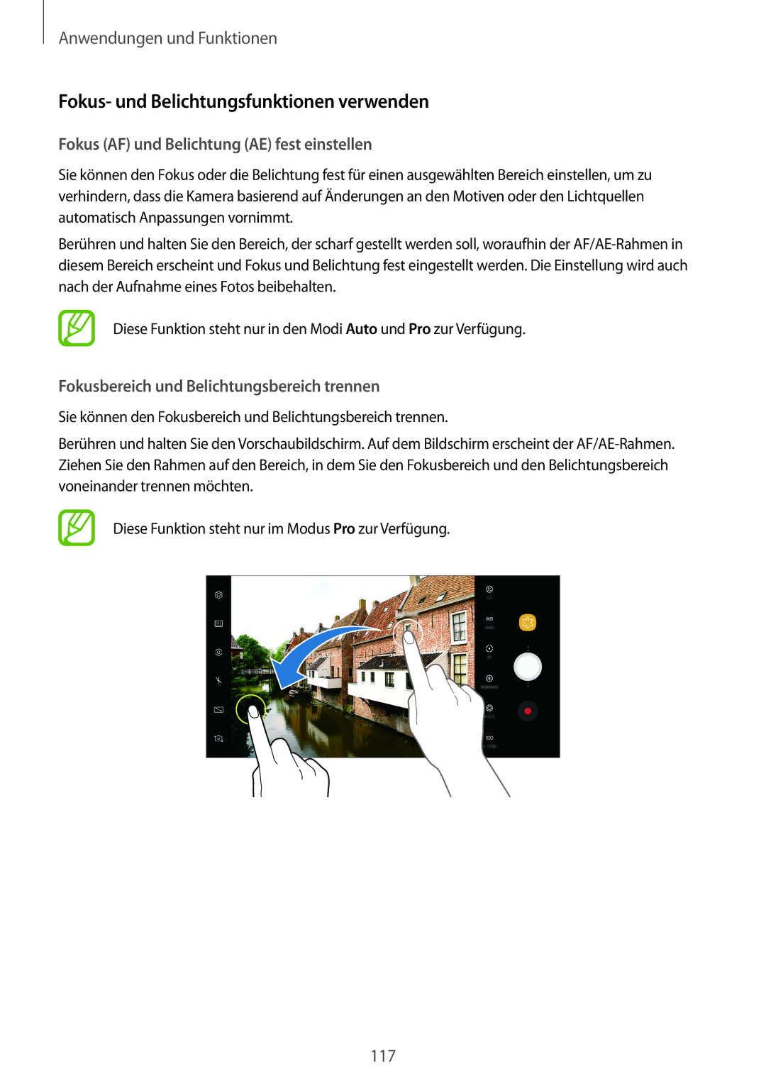 Samsung SM-N950FZDDDBT manual Fokus- und Belichtungsfunktionen verwenden, Fokus AF und Belichtung AE fest einstellen 