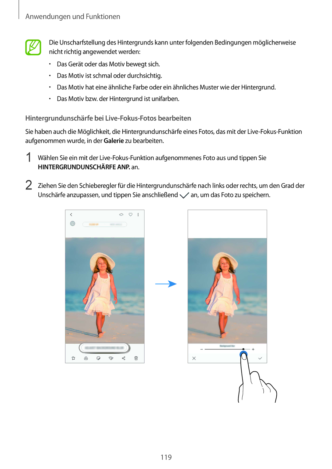 Samsung SM-N950FZBADBT, SM-N950FZDADBT Hintergrundunschärfe bei Live-Fokus-Fotos bearbeiten, Hintergrundunschärfe ANP. an 