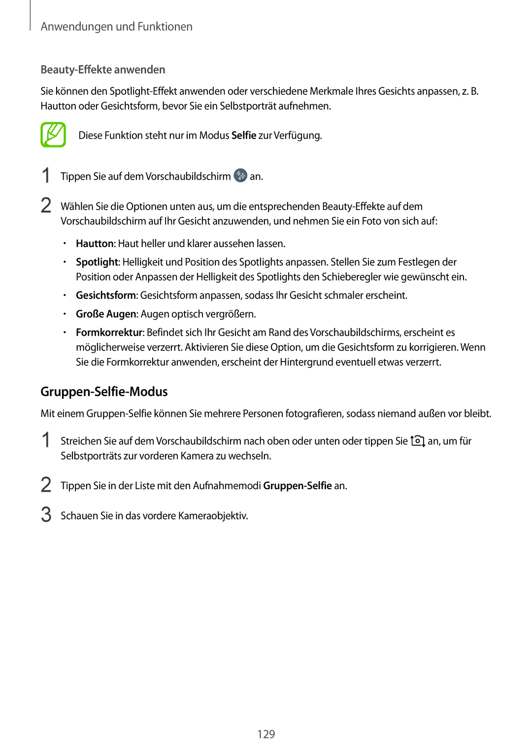 Samsung SM-N950FZDDDBT manual Gruppen-Selfie-Modus, Beauty-Effekte anwenden, Hautton Haut heller und klarer aussehen lassen 