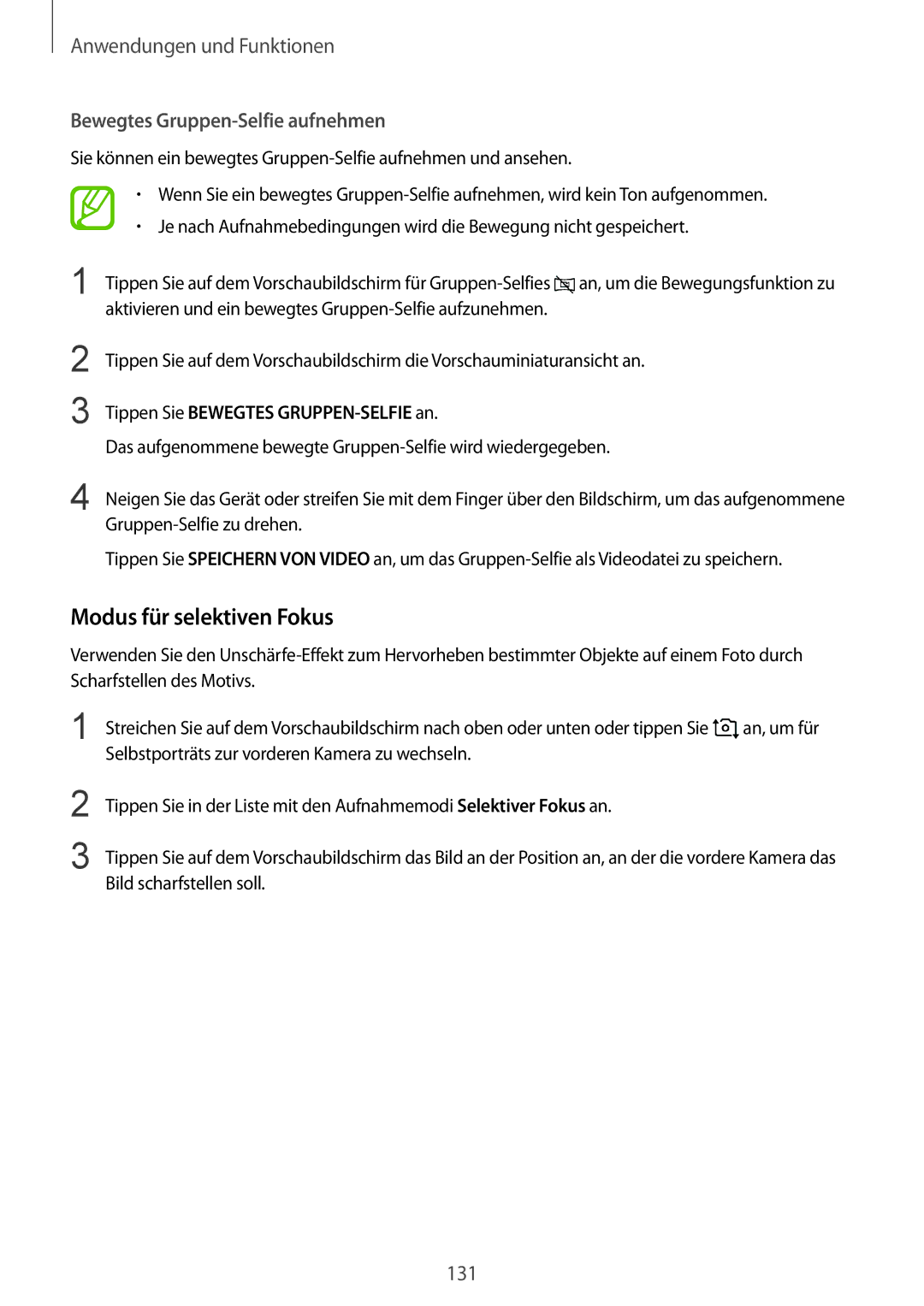 Samsung SM-N950FZBADBT, SM-N950FZDADBT, SM-N950FZKADBT manual Modus für selektiven Fokus, Bewegtes Gruppen-Selfie aufnehmen 