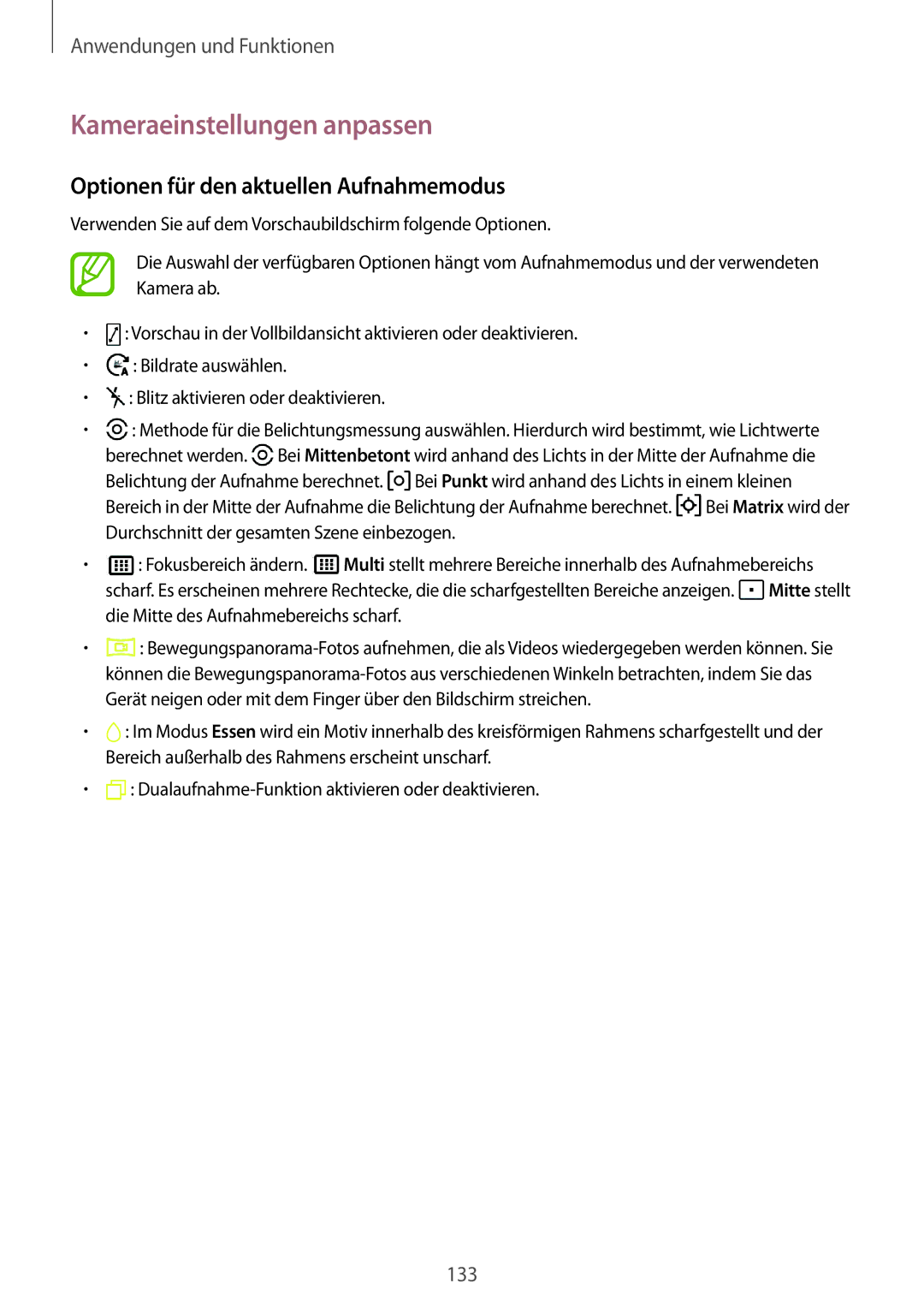 Samsung SM-N950FZKADBT, SM-N950FZDADBT manual Kameraeinstellungen anpassen, Optionen für den aktuellen Aufnahmemodus 
