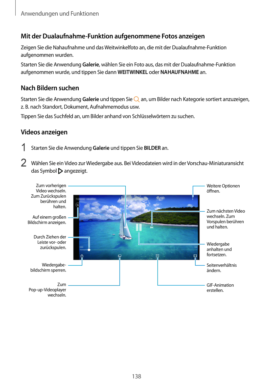 Samsung SM-N950FZDADBT Mit der Dualaufnahme-Funktion aufgenommene Fotos anzeigen, Nach Bildern suchen, Videos anzeigen 