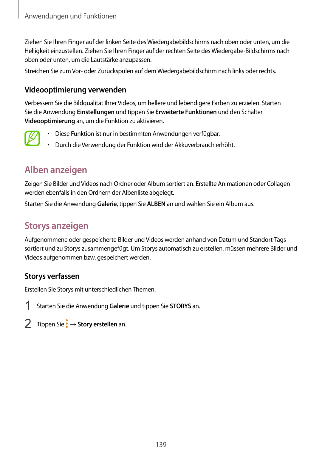 Samsung SM-N950FZKADBT, SM-N950FZDADBT manual Alben anzeigen, Storys anzeigen, Videooptimierung verwenden, Storys verfassen 