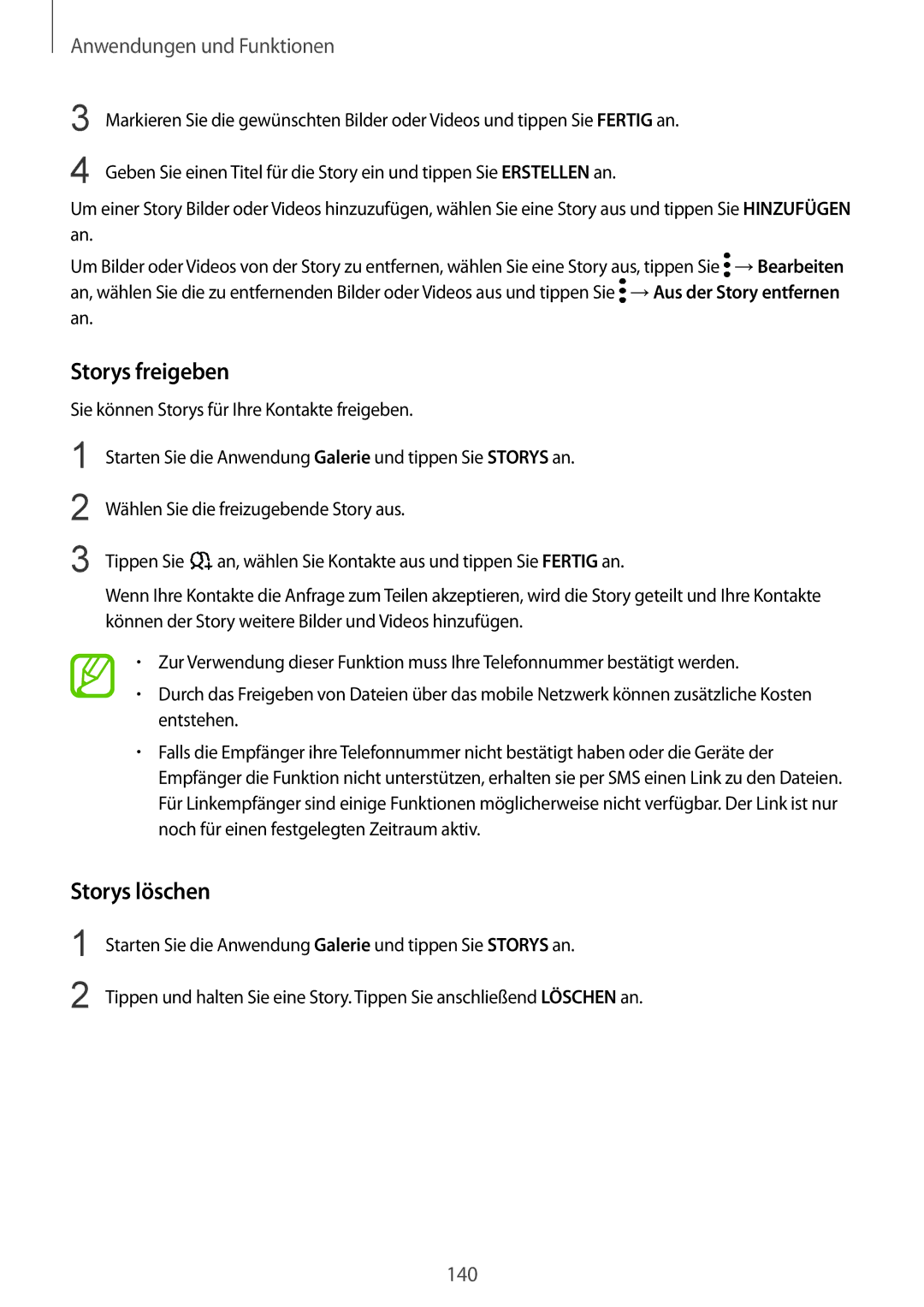 Samsung SM-N950FZBDDBT, SM-N950FZDADBT, SM-N950FZKADBT, SM-N950FZDDDBT, SM-N950FZKDDBT manual Storys freigeben, Storys löschen 