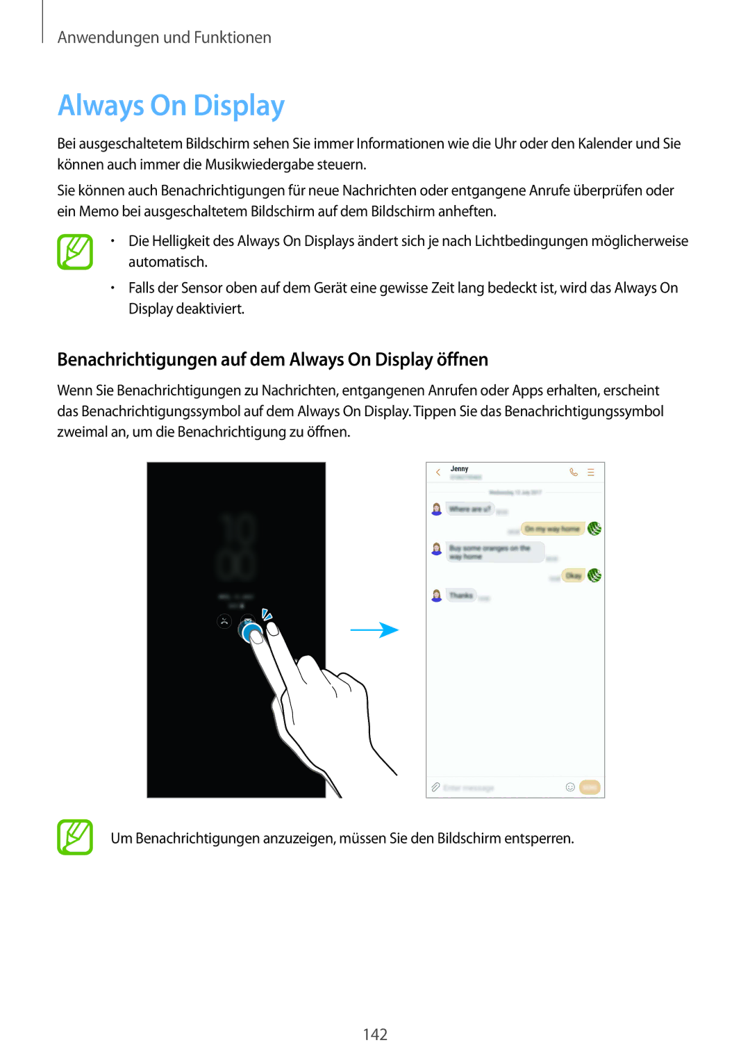 Samsung SM-N950FZKDDBT, SM-N950FZDADBT, SM-N950FZKADBT manual Benachrichtigungen auf dem Always On Display öffnen 