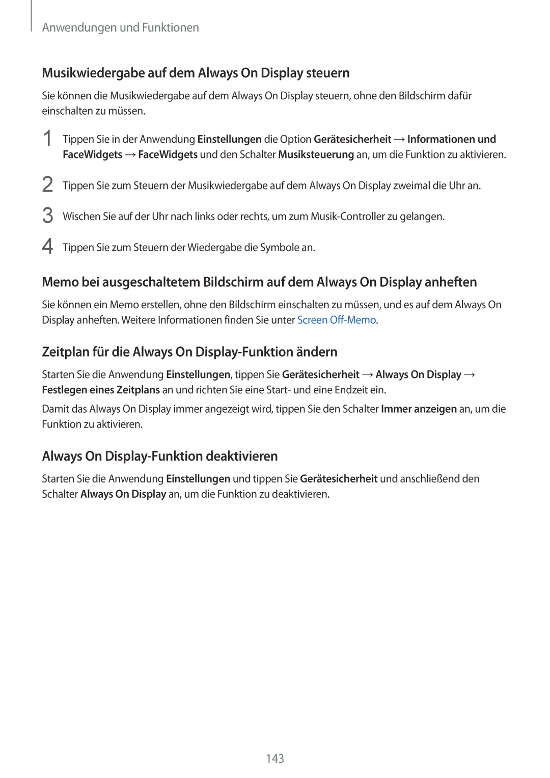 Samsung SM-N950FZBADBT manual Musikwiedergabe auf dem Always On Display steuern, Always On Display-Funktion deaktivieren 