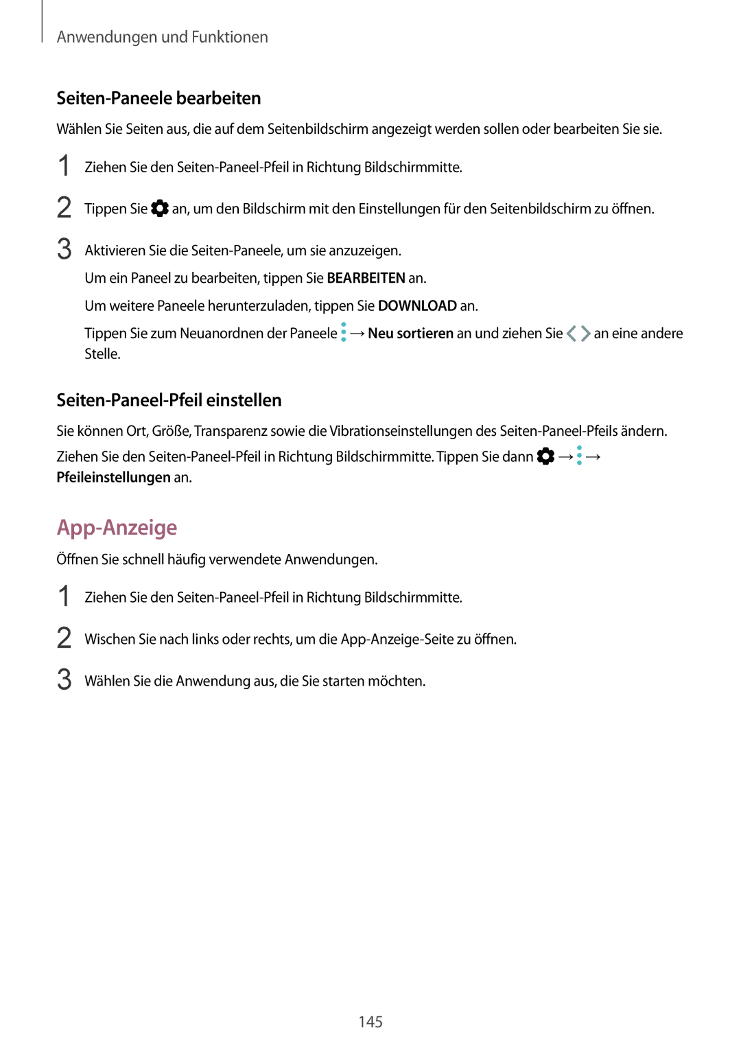 Samsung SM-N950FZKADBT, SM-N950FZDADBT manual App-Anzeige, Seiten-Paneele bearbeiten, Seiten-Paneel-Pfeil einstellen 