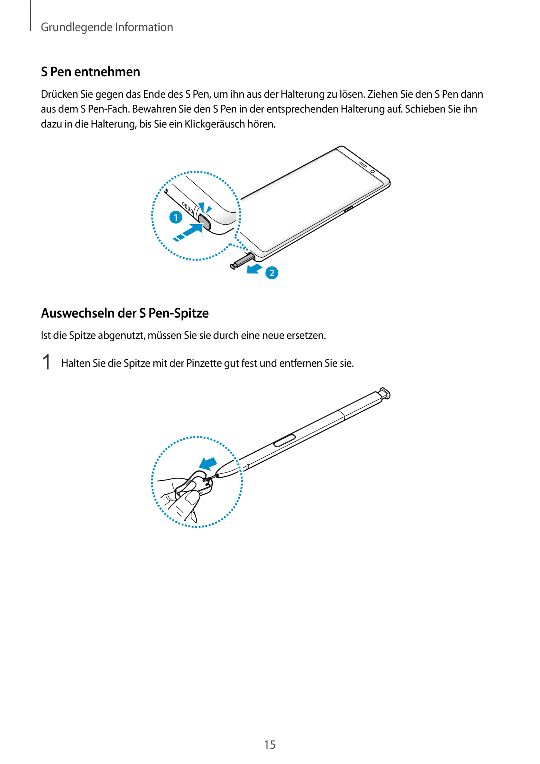 Samsung SM-N950FZDDDBT, SM-N950FZDADBT, SM-N950FZKADBT, SM-N950FZBDDBT manual Pen entnehmen, Auswechseln der S Pen-Spitze 