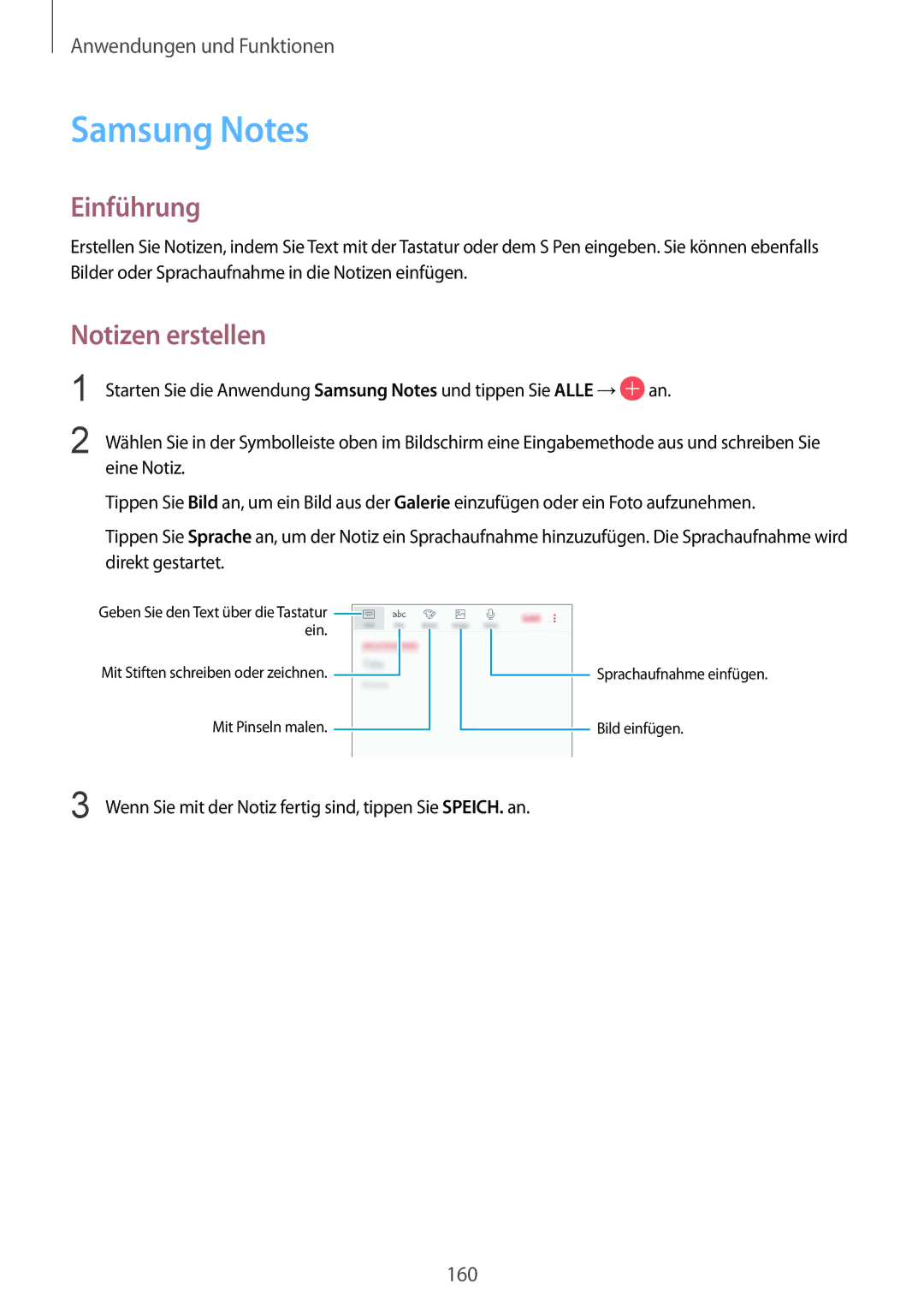 Samsung SM-N950FZKDDBT manual Samsung Notes, Notizen erstellen, Wenn Sie mit der Notiz fertig sind, tippen Sie SPEICH. an 