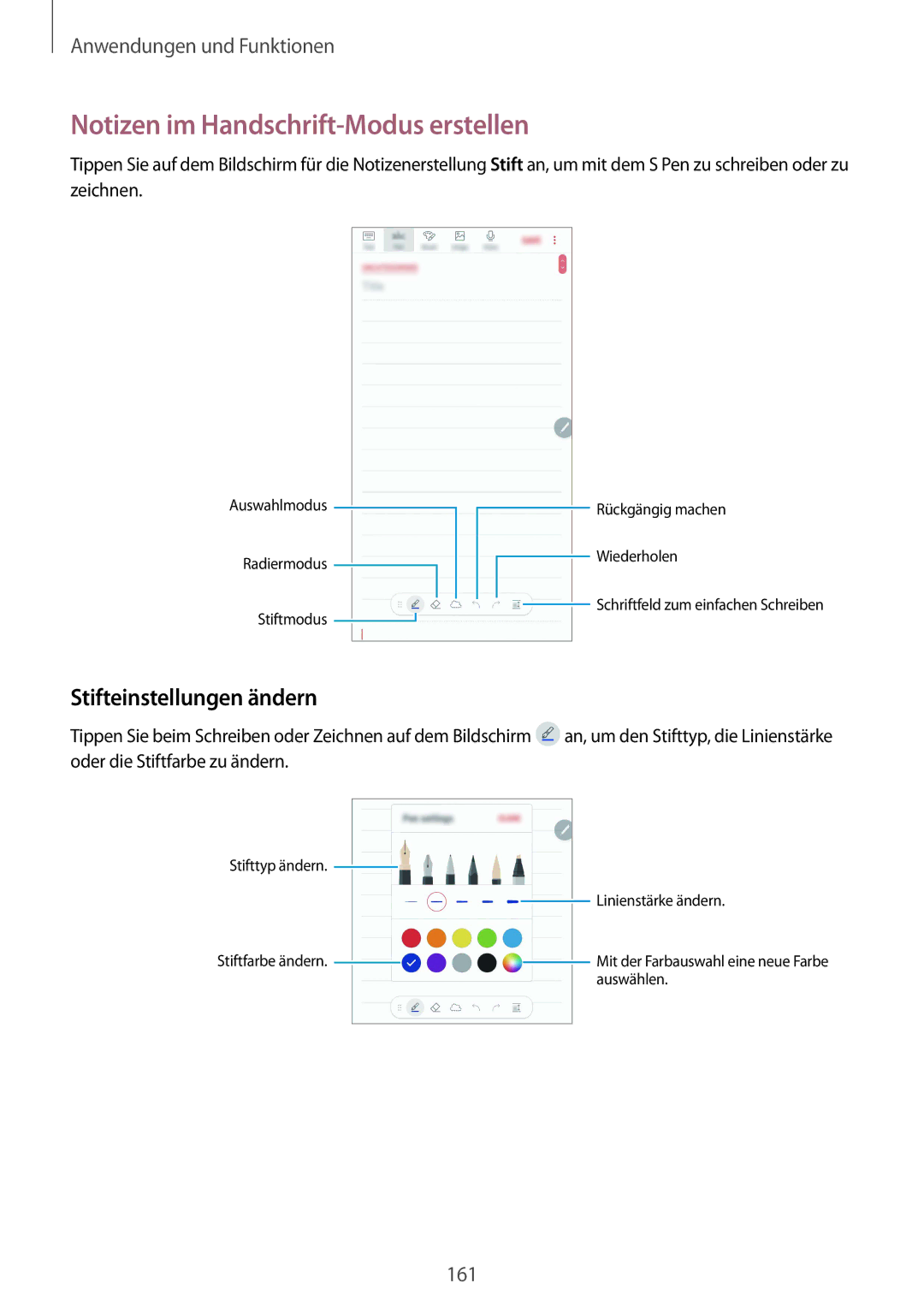 Samsung SM-N950FZBADBT, SM-N950FZDADBT, SM-N950FZKADBT Notizen im Handschrift-Modus erstellen, Stifteinstellungen ändern 