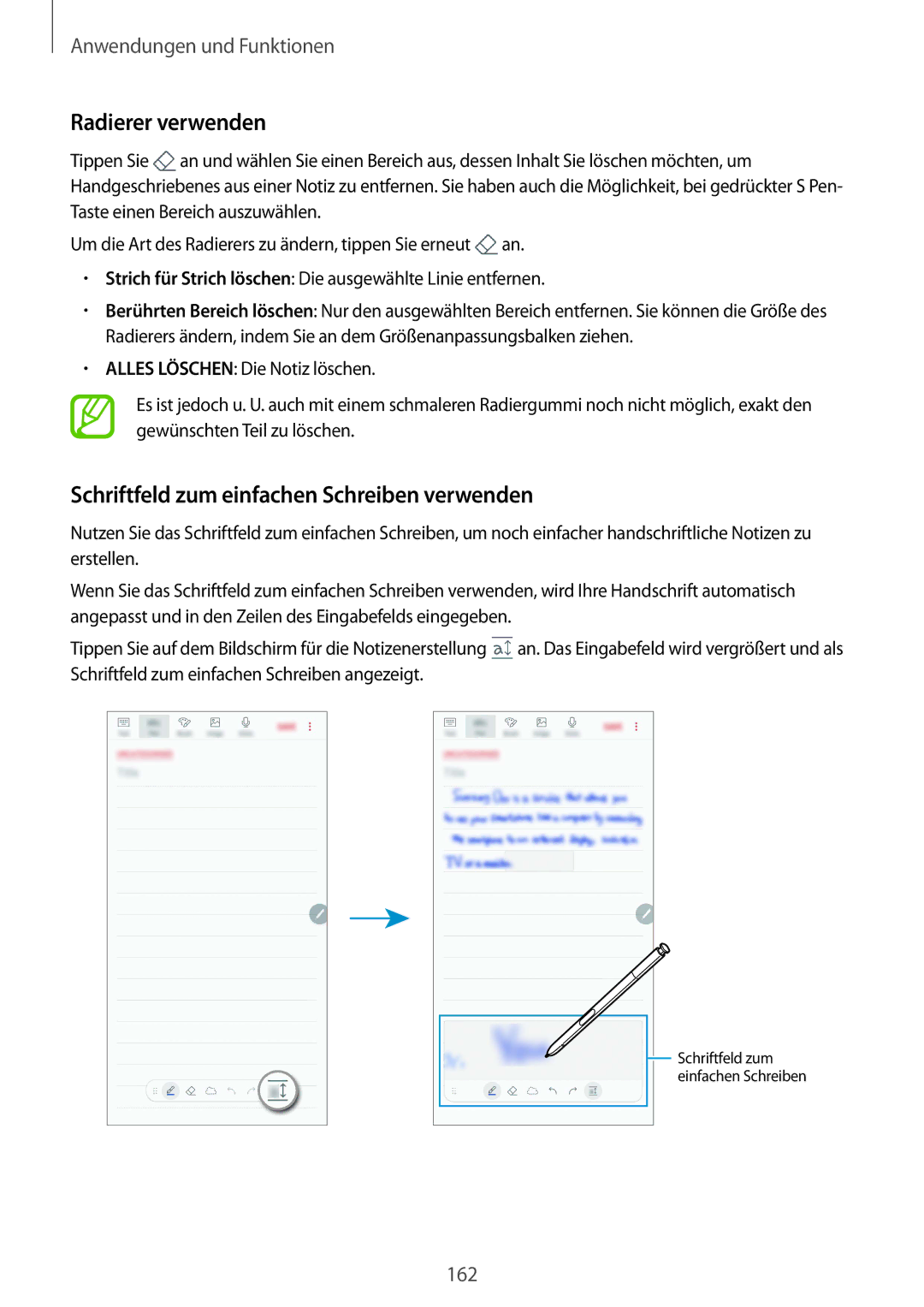 Samsung SM-N950FZDADBT, SM-N950FZKADBT, SM-N950FZBDDBT Radierer verwenden, Schriftfeld zum einfachen Schreiben verwenden 