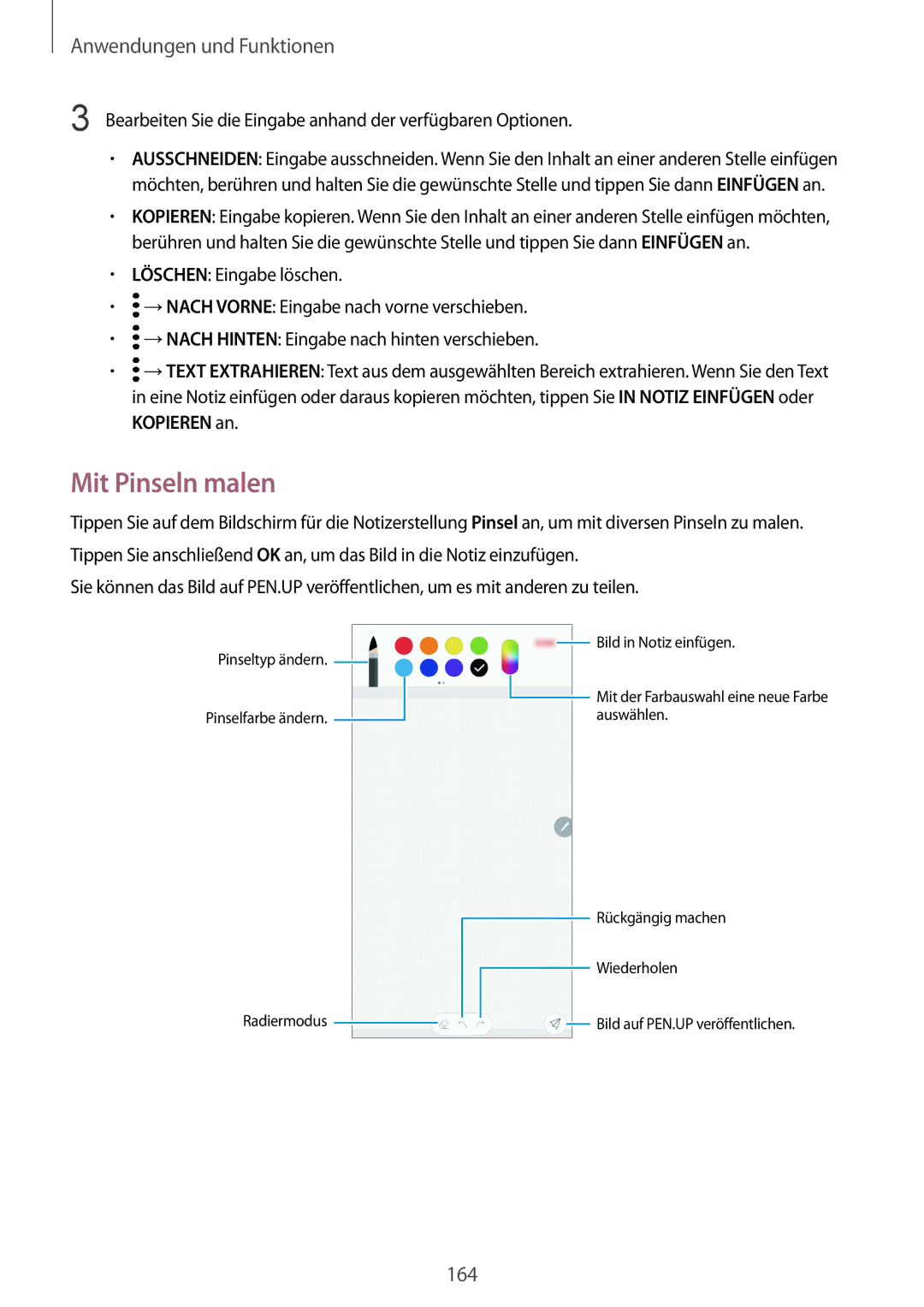 Samsung SM-N950FZBDDBT, SM-N950FZDADBT manual Mit Pinseln malen, Bearbeiten Sie die Eingabe anhand der verfügbaren Optionen 