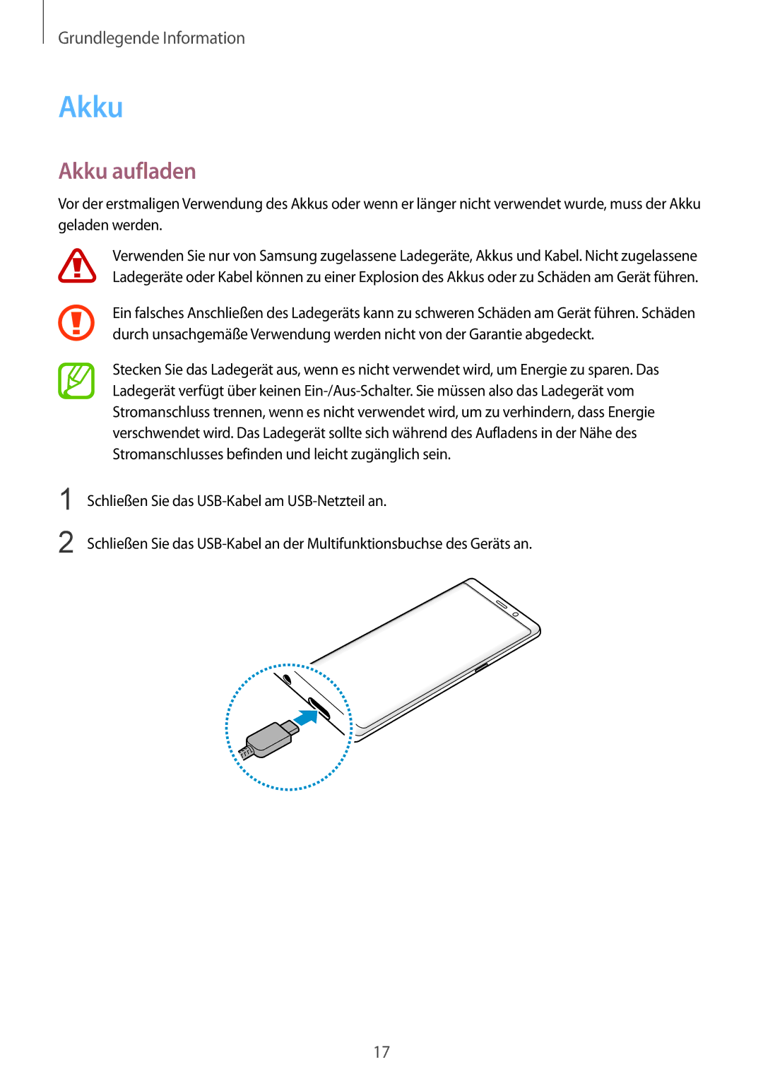 Samsung SM-N950FZBADBT, SM-N950FZDADBT, SM-N950FZKADBT, SM-N950FZBDDBT, SM-N950FZDDDBT, SM-N950FZKDDBT manual Akku aufladen 