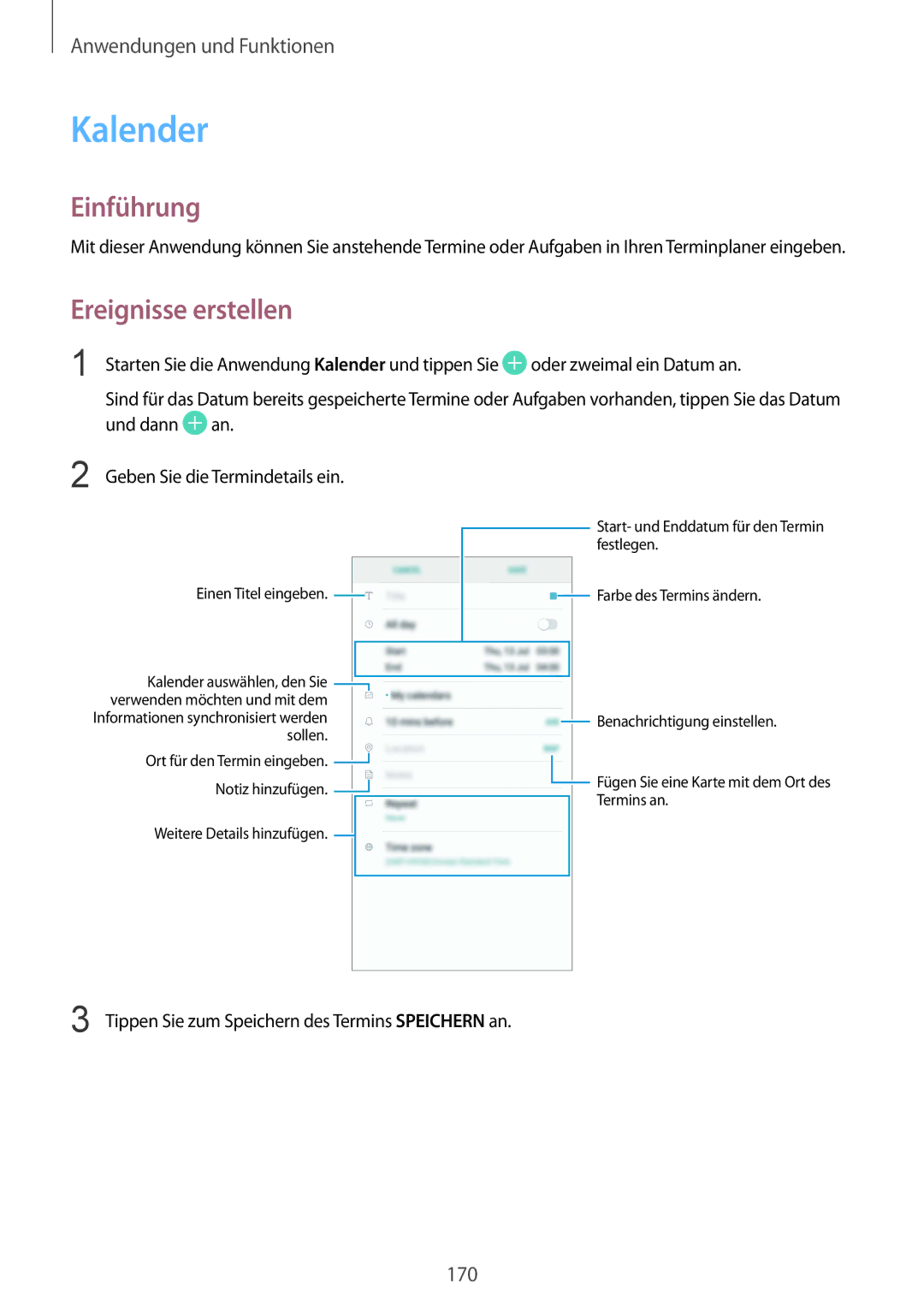 Samsung SM-N950FZBDDBT Kalender, Ereignisse erstellen, Oder zweimal ein Datum an, Und dann Geben Sie die Termindetails ein 