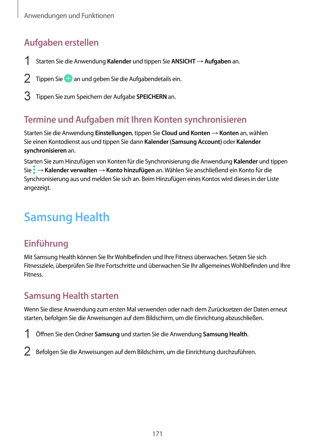 Samsung SM-N950FZDDDBT manual Samsung Health, Aufgaben erstellen, Termine und Aufgaben mit Ihren Konten synchronisieren 