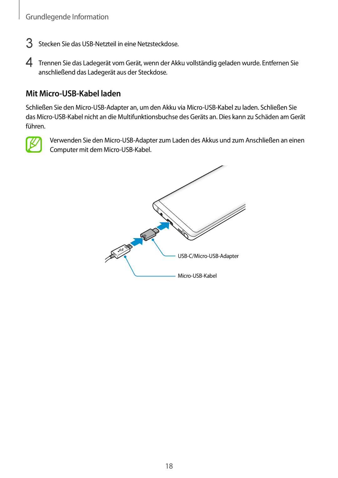 Samsung SM-N950FZDADBT, SM-N950FZKADBT, SM-N950FZBDDBT, SM-N950FZDDDBT, SM-N950FZKDDBT manual Mit Micro-USB-Kabel laden 