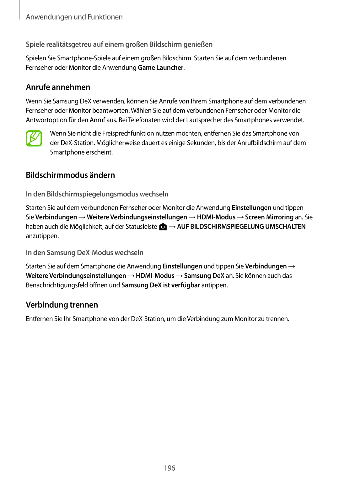 Samsung SM-N950FZKDDBT, SM-N950FZDADBT, SM-N950FZKADBT manual Anrufe annehmen, Bildschirmmodus ändern, Verbindung trennen 