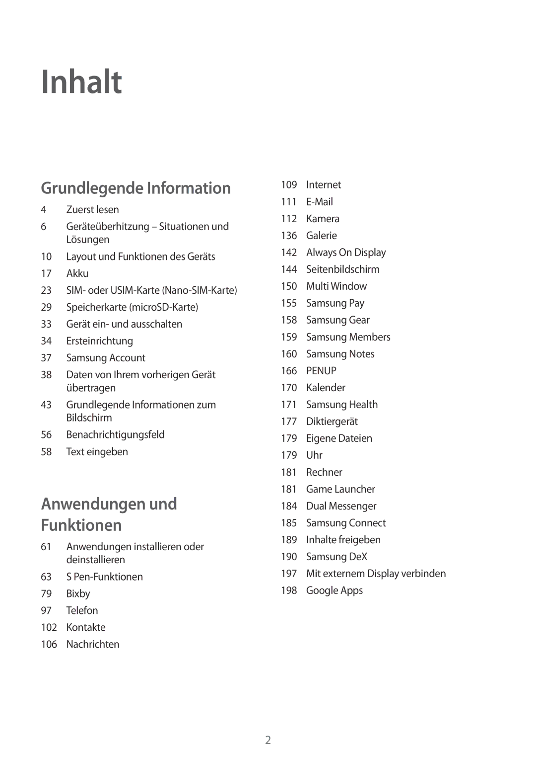 Samsung SM-N950FZBDDBT, SM-N950FZDADBT, SM-N950FZKADBT, SM-N950FZDDDBT, SM-N950FZKDDBT, SM-N950FZBADBT manual Inhalt 