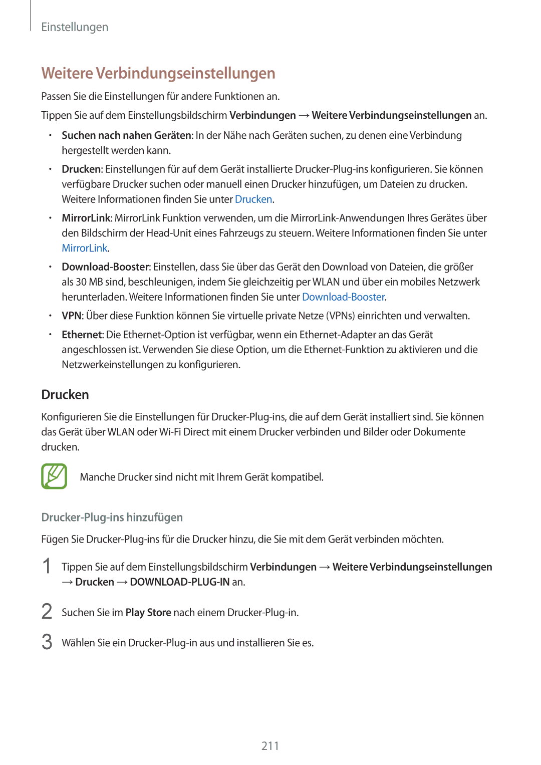 Samsung SM-N950FZKADBT, SM-N950FZDADBT manual Weitere Verbindungseinstellungen, Drucken, Drucker-Plug-ins hinzufügen 