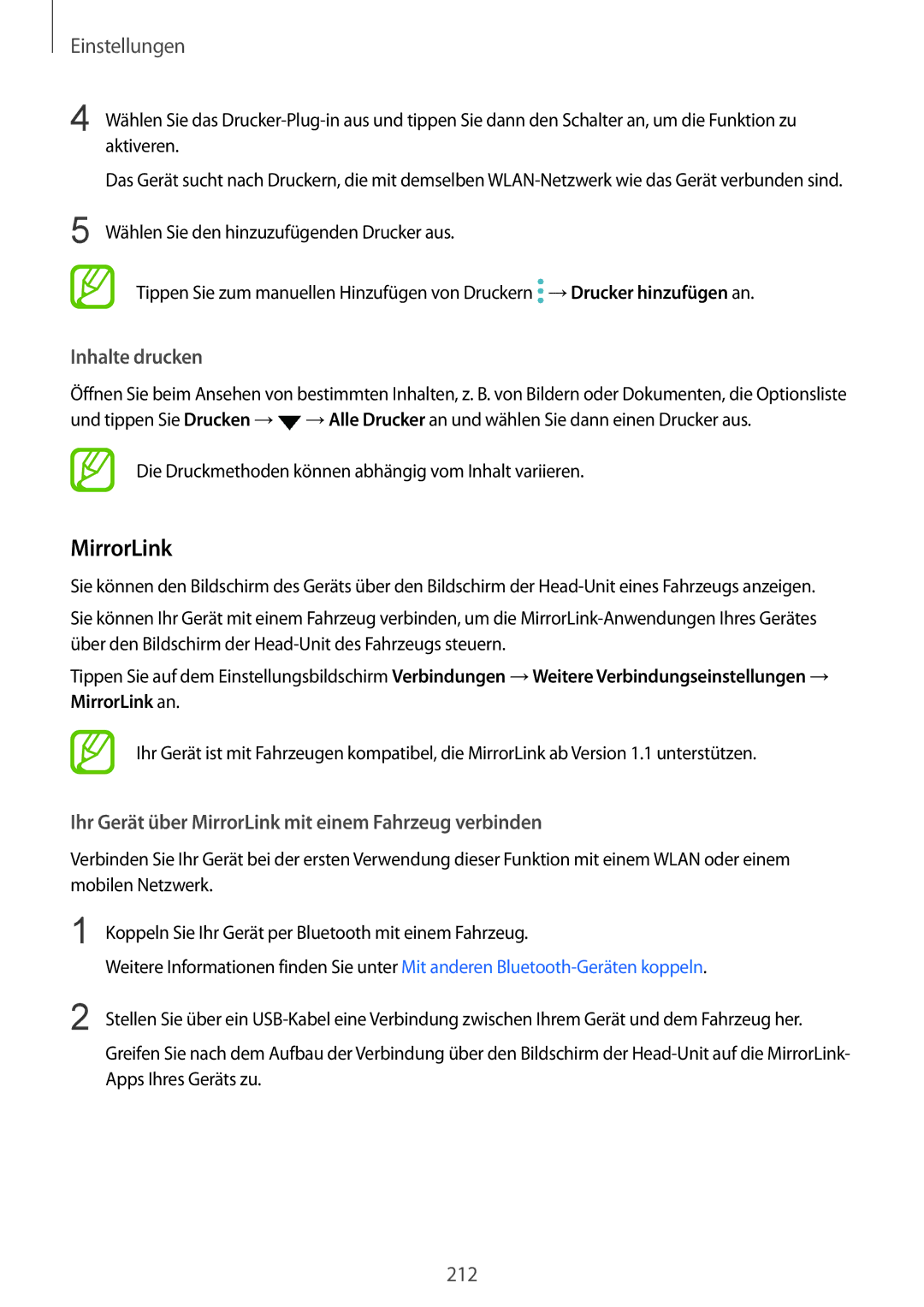 Samsung SM-N950FZBDDBT, SM-N950FZDADBT manual Inhalte drucken, Ihr Gerät über MirrorLink mit einem Fahrzeug verbinden 