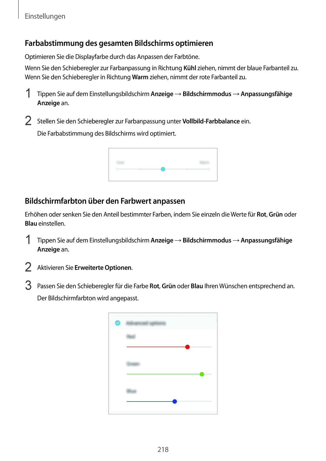 Samsung SM-N950FZBDDBT Farbabstimmung des gesamten Bildschirms optimieren, Bildschirmfarbton über den Farbwert anpassen 