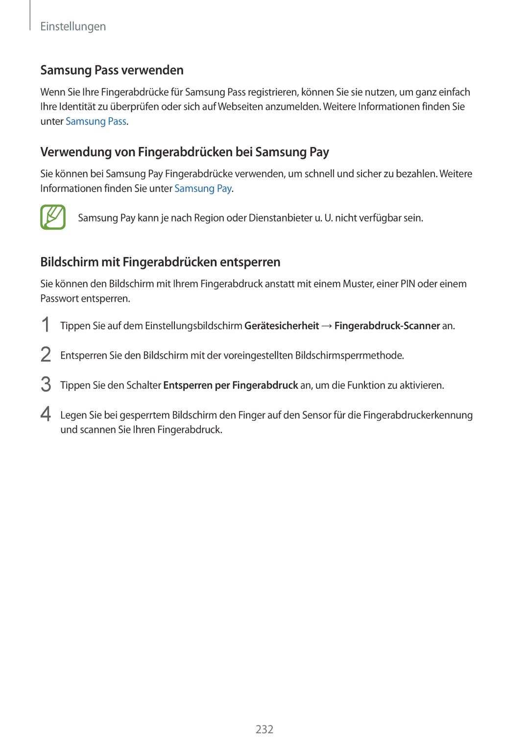 Samsung SM-N950FZKDDBT, SM-N950FZDADBT manual Samsung Pass verwenden, Verwendung von Fingerabdrücken bei Samsung Pay 