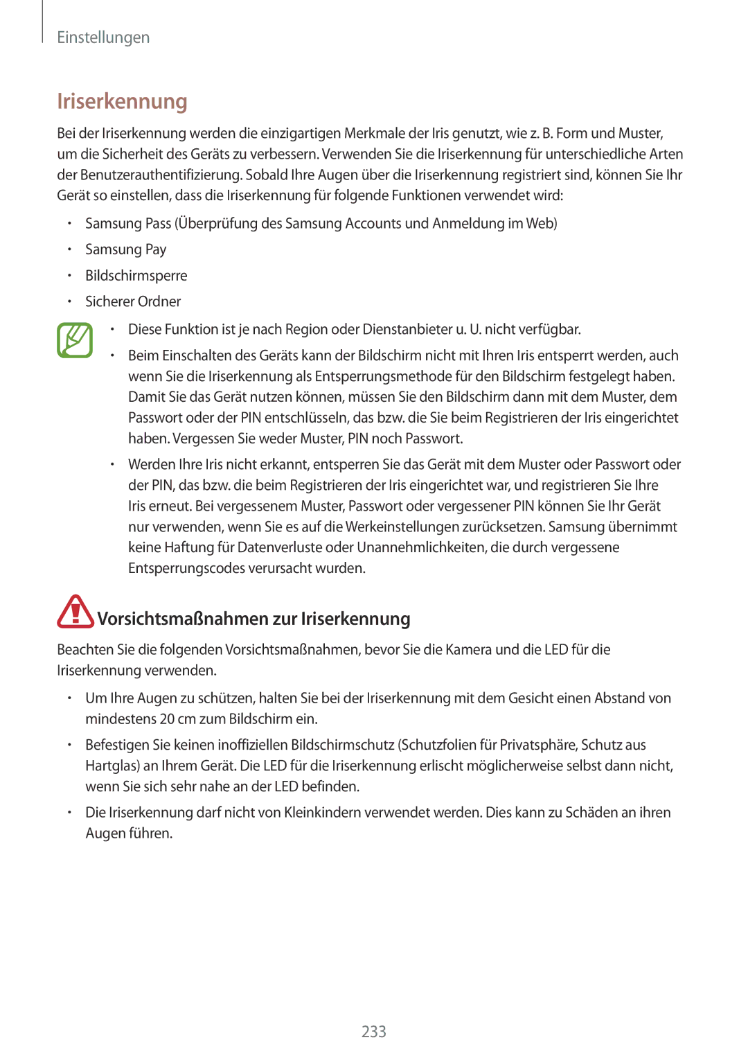 Samsung SM-N950FZBADBT, SM-N950FZDADBT, SM-N950FZKADBT, SM-N950FZBDDBT manual Vorsichtsmaßnahmen zur Iriserkennung 