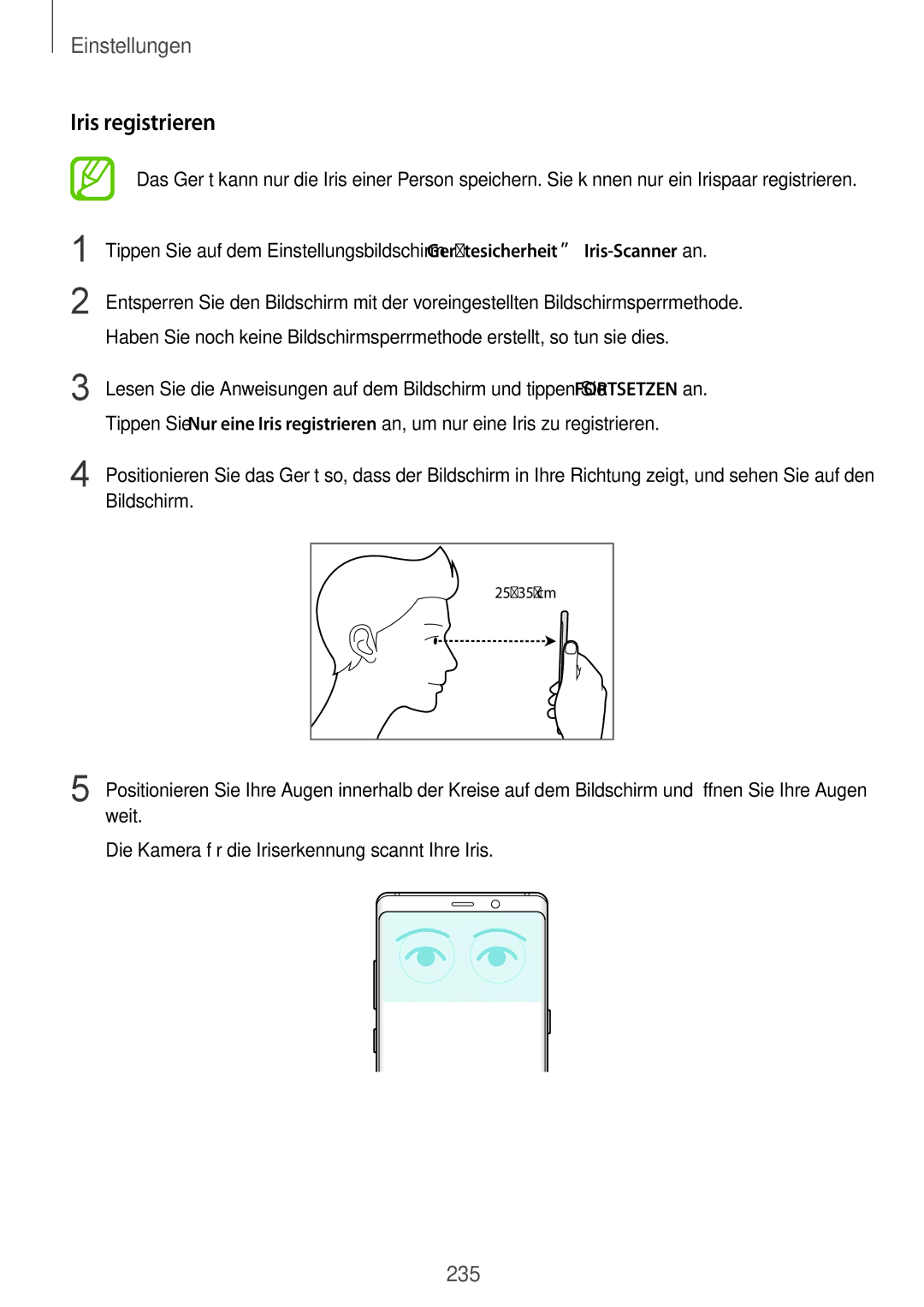 Samsung SM-N950FZKADBT, SM-N950FZDADBT, SM-N950FZBDDBT, SM-N950FZDDDBT, SM-N950FZKDDBT manual Iris registrieren, Bildschirm 