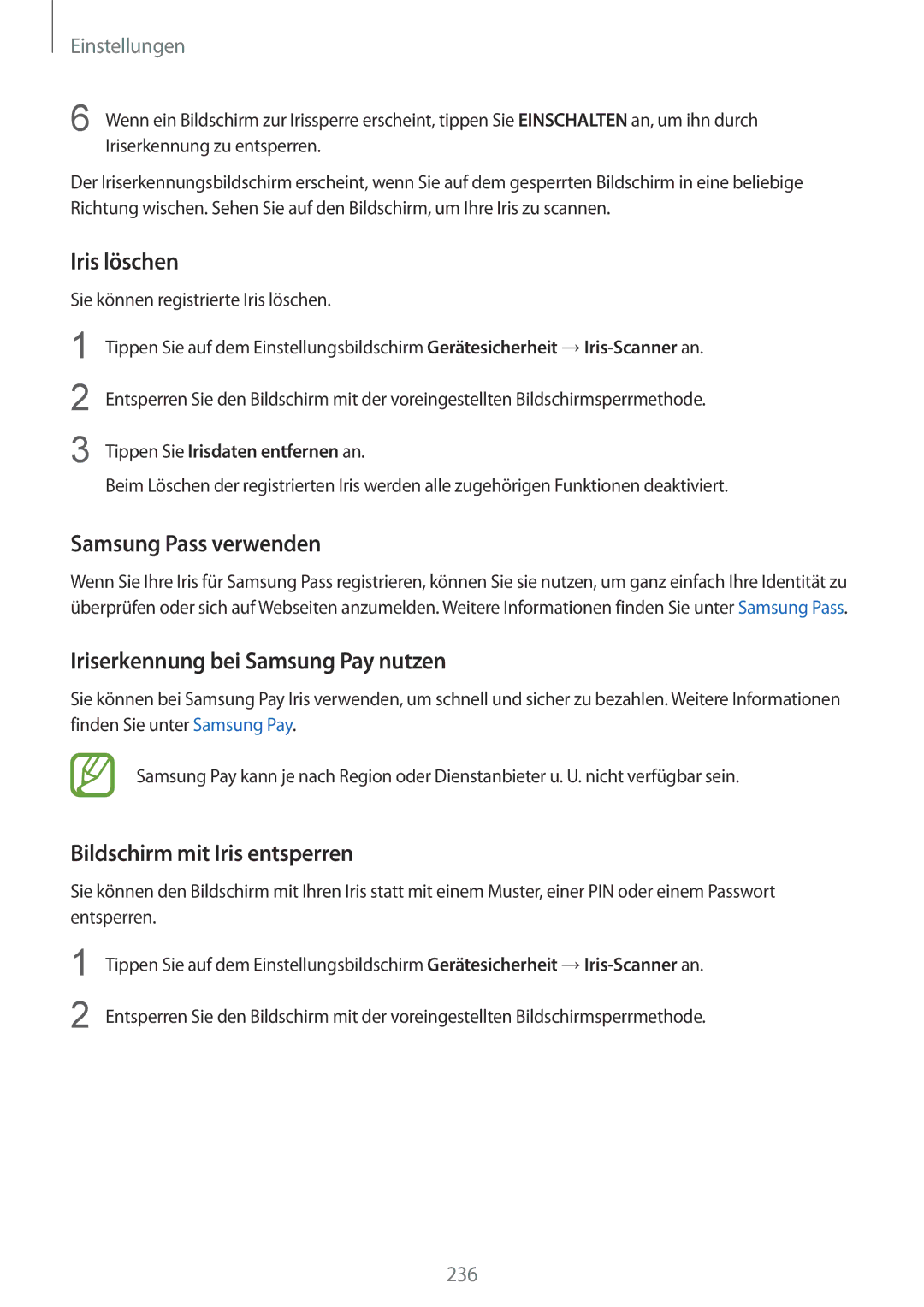 Samsung SM-N950FZBDDBT, SM-N950FZDADBT Iris löschen, Iriserkennung bei Samsung Pay nutzen, Bildschirm mit Iris entsperren 