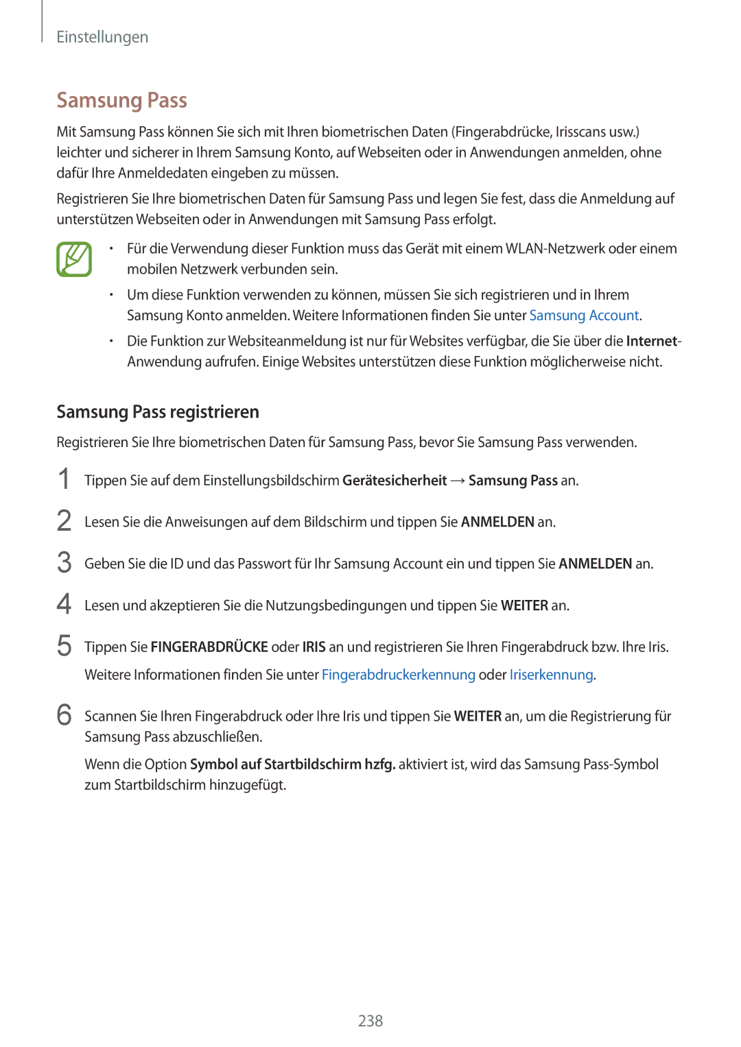 Samsung SM-N950FZKDDBT, SM-N950FZDADBT, SM-N950FZKADBT, SM-N950FZBDDBT, SM-N950FZDDDBT manual Samsung Pass registrieren 