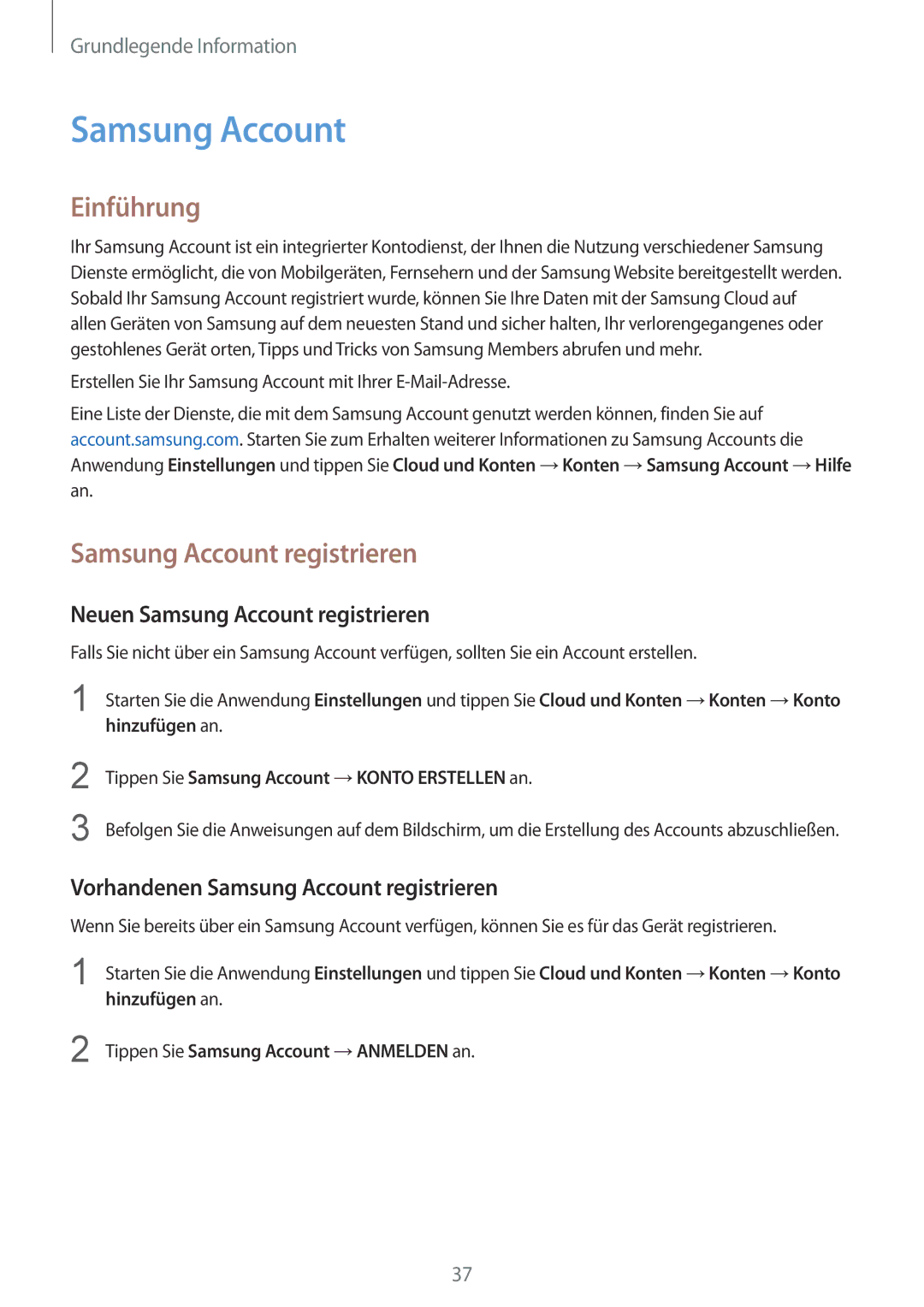 Samsung SM-N950FZKADBT Einführung, Neuen Samsung Account registrieren, Vorhandenen Samsung Account registrieren 