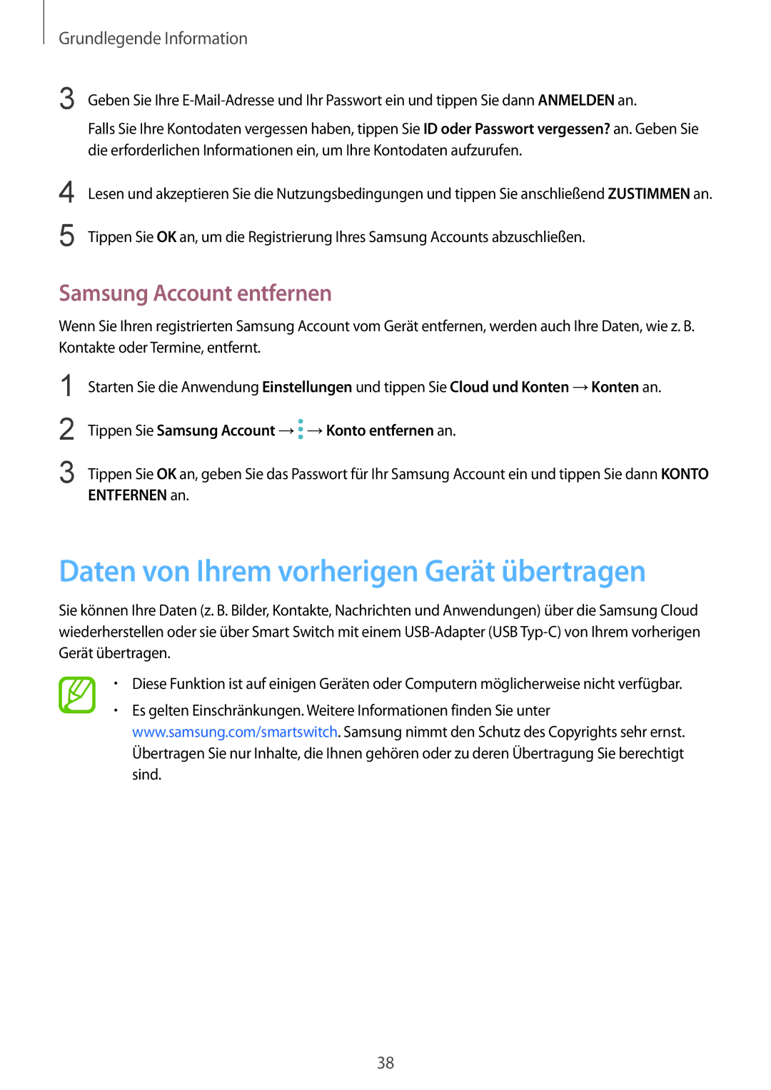 Samsung SM-N950FZBDDBT, SM-N950FZDADBT manual Daten von Ihrem vorherigen Gerät übertragen, Samsung Account entfernen 