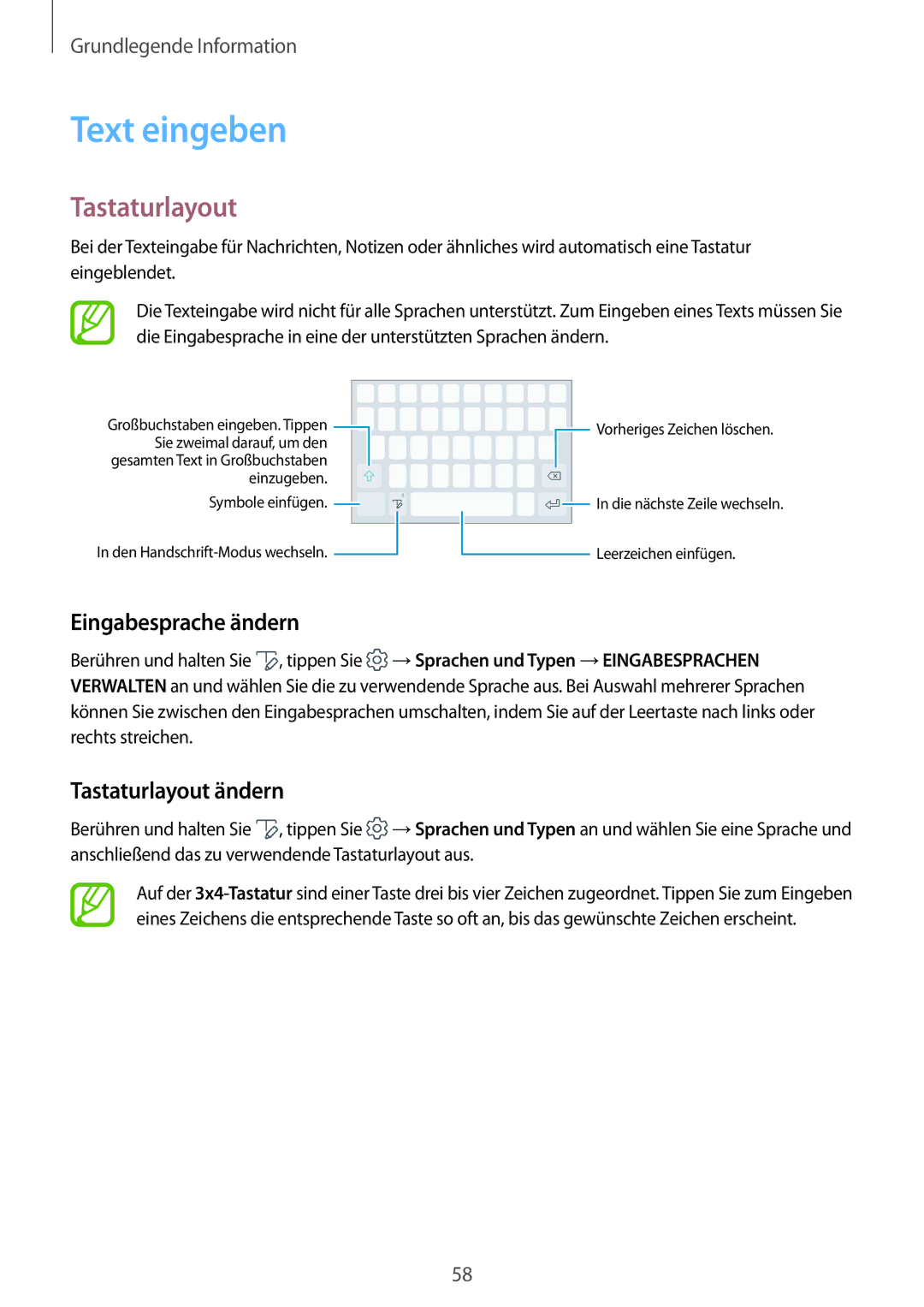 Samsung SM-N950FZKDDBT, SM-N950FZDADBT, SM-N950FZKADBT manual Text eingeben, Eingabesprache ändern, Tastaturlayout ändern 