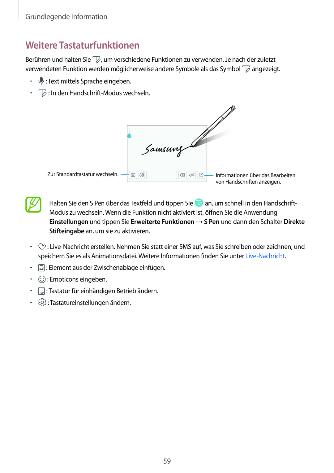 Samsung SM-N950FZBADBT manual Weitere Tastaturfunktionen, Text mittels Sprache eingeben Den Handschrift-Modus wechseln 