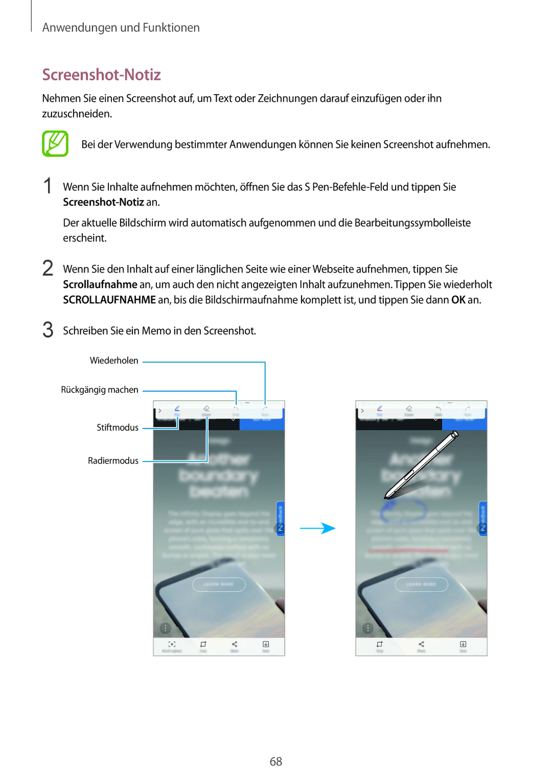 Samsung SM-N950FZBDDBT, SM-N950FZDADBT manual Screenshot-Notiz an, Erscheint, Schreiben Sie ein Memo in den Screenshot 