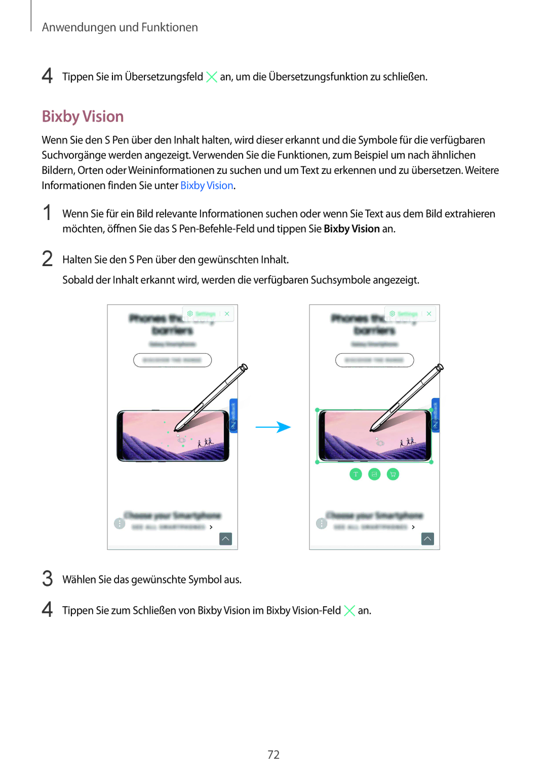 Samsung SM-N950FZDADBT, SM-N950FZKADBT, SM-N950FZBDDBT manual Bixby Vision, Halten Sie den S Pen über den gewünschten Inhalt 